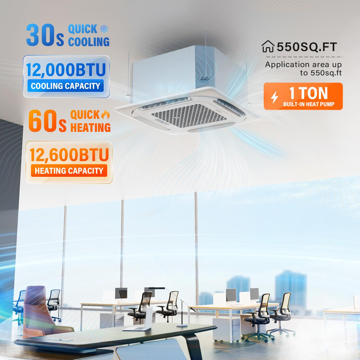 ROVSUN 12000 BTU 21 SEER2 230V Ceiling Cassette Mini Split AC with Heat Pump & Install Kit
