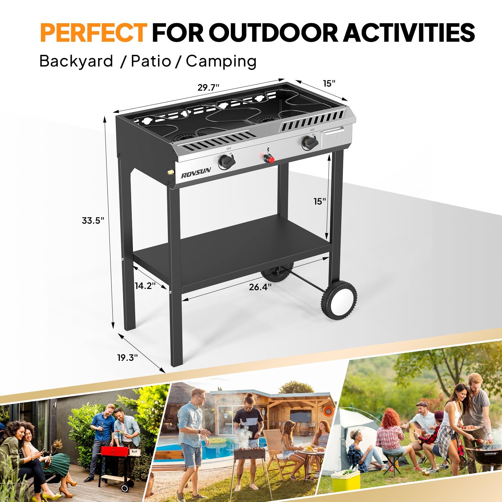 ROVSUN 2-Burner 150,000 BTU Camping Propane Stove with Wheels