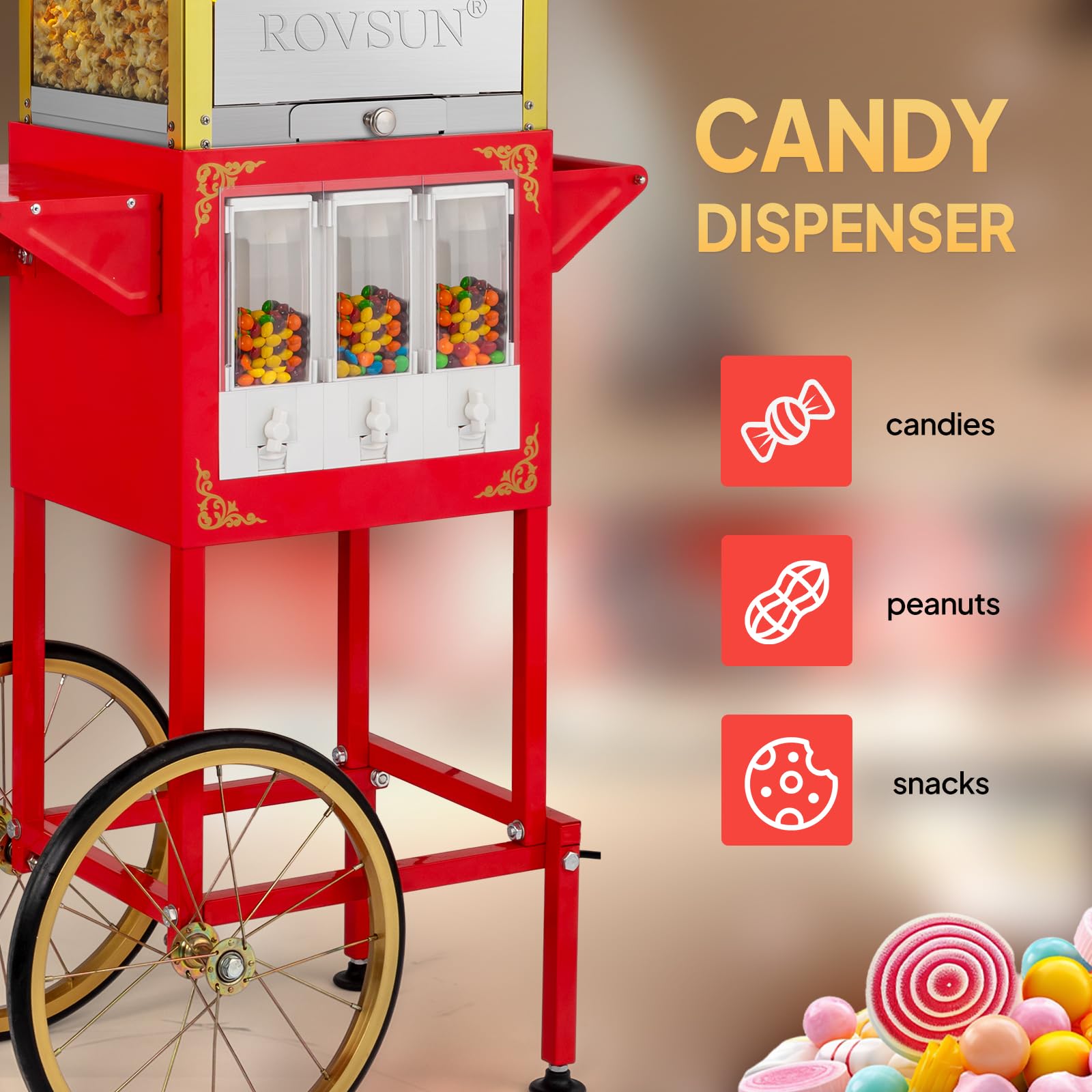 ROVSUN 8 oz Red Popcorn Machine with Cart & Candy Dispenser