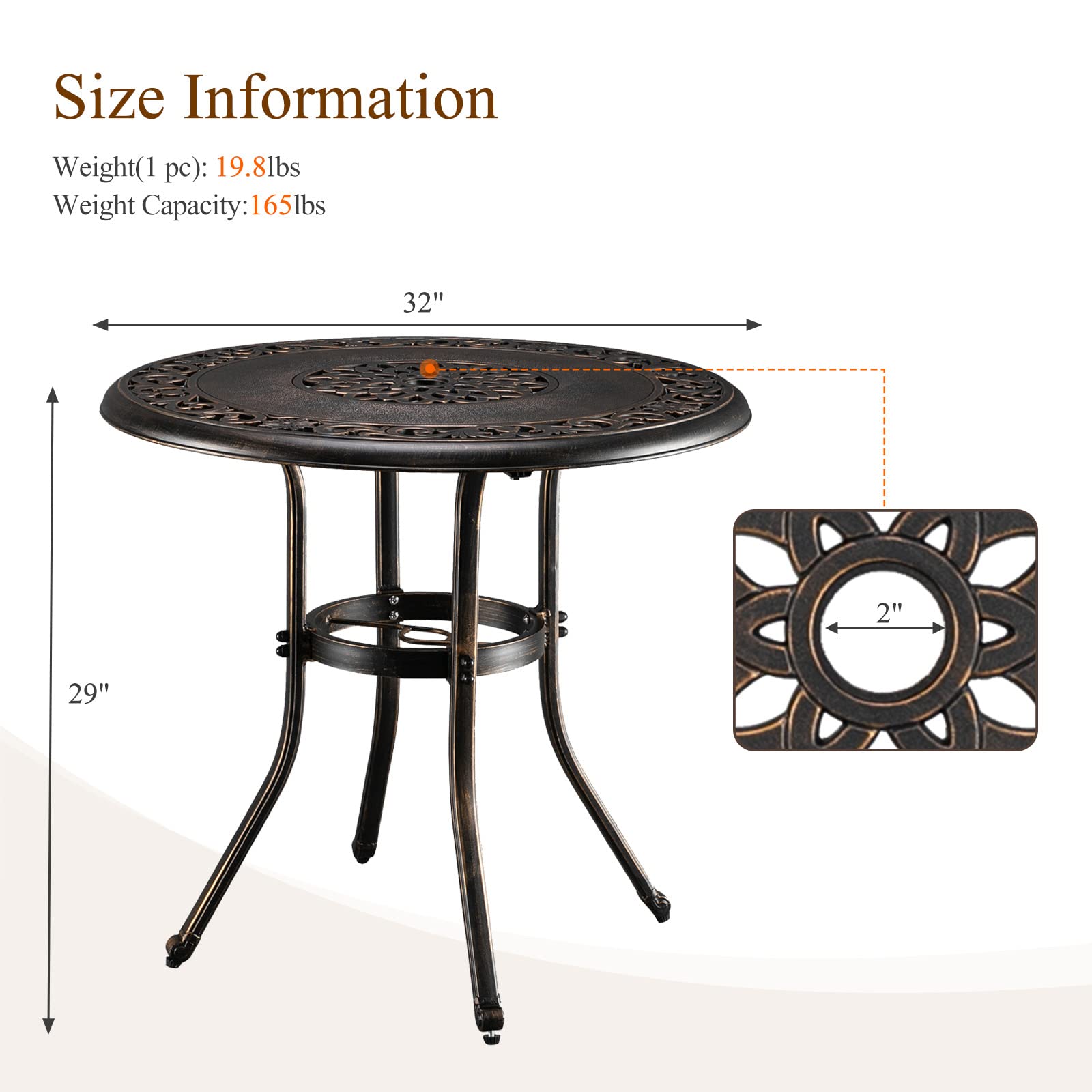 32" Round Outdoor Dining Table with Umbrella Hole Bronze
