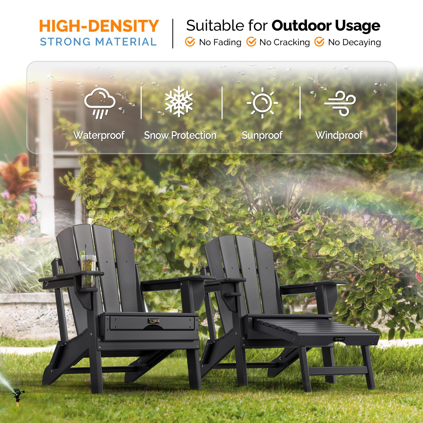 Plastic Folding HDPE Adirondack Chair with Ottoman Black