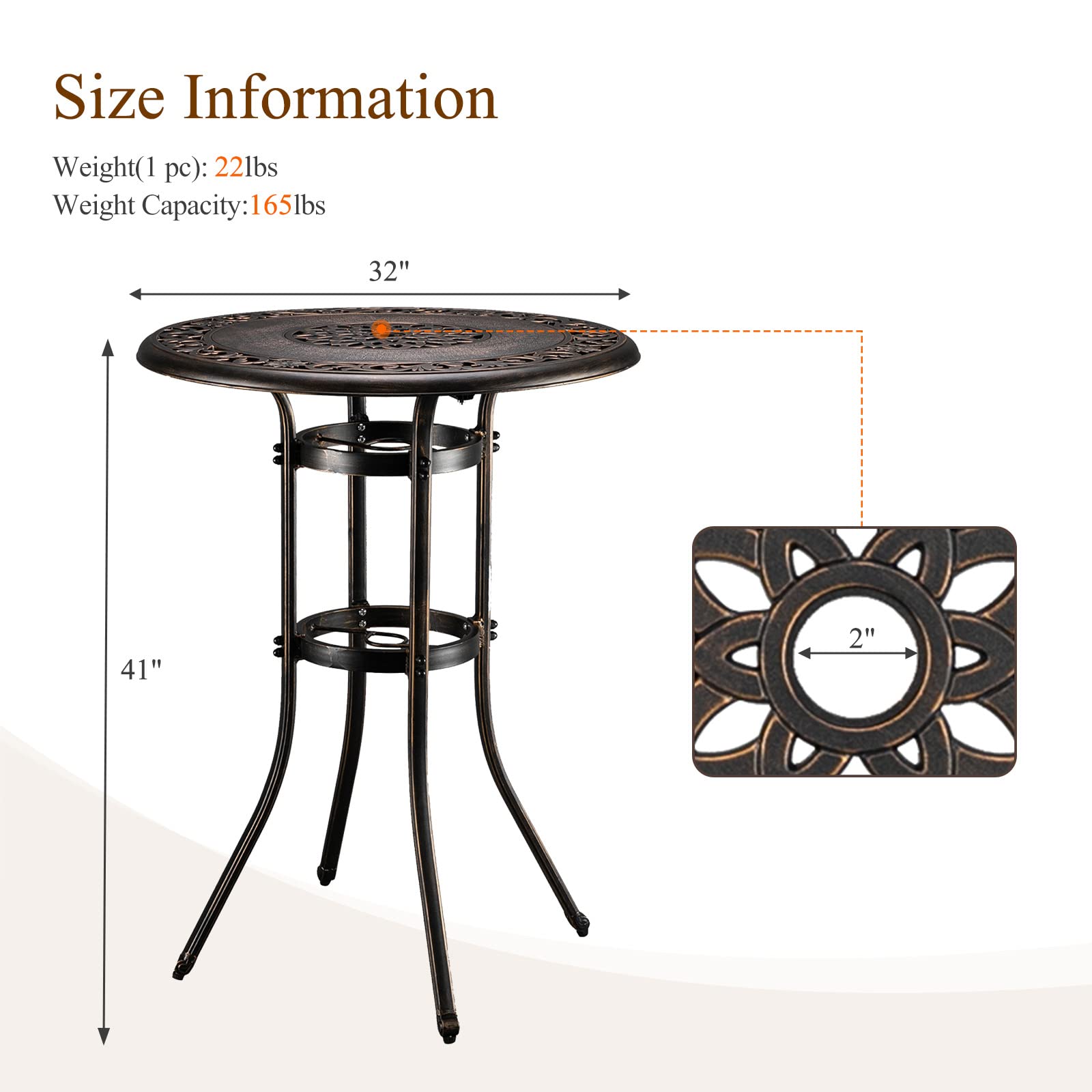 32" Round Outdoor Bar Table with Umbrella Hole Bronze