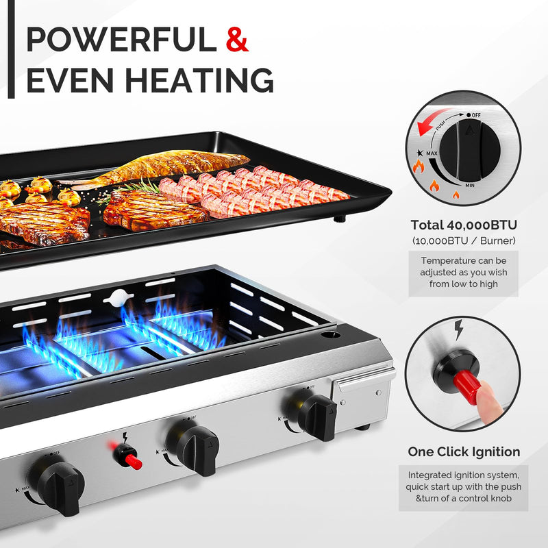 ROVSUN 4 Burner 40000 BTU Portable Propane Rolling Flat Top Gas Grill with Stand