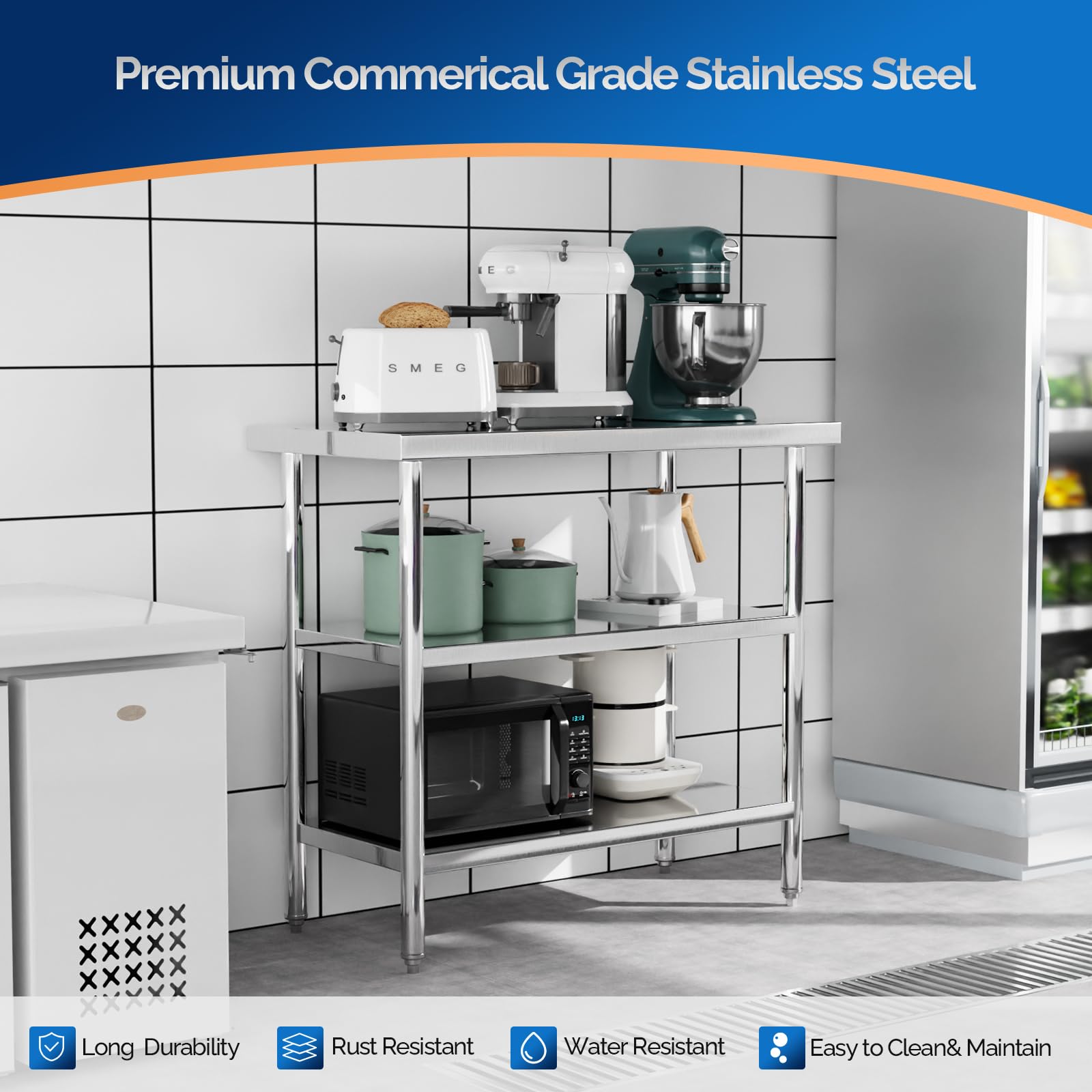 ROVSUN 36" x 18" Stainless Steel Table with 2 Shelves