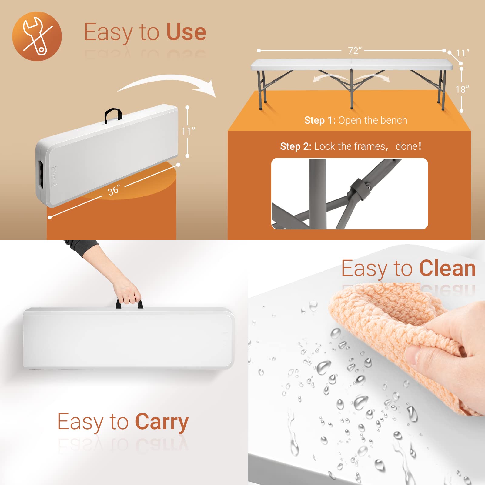 6 Feet Plastic Folding Bench Outdoor Picnic Party Seat White