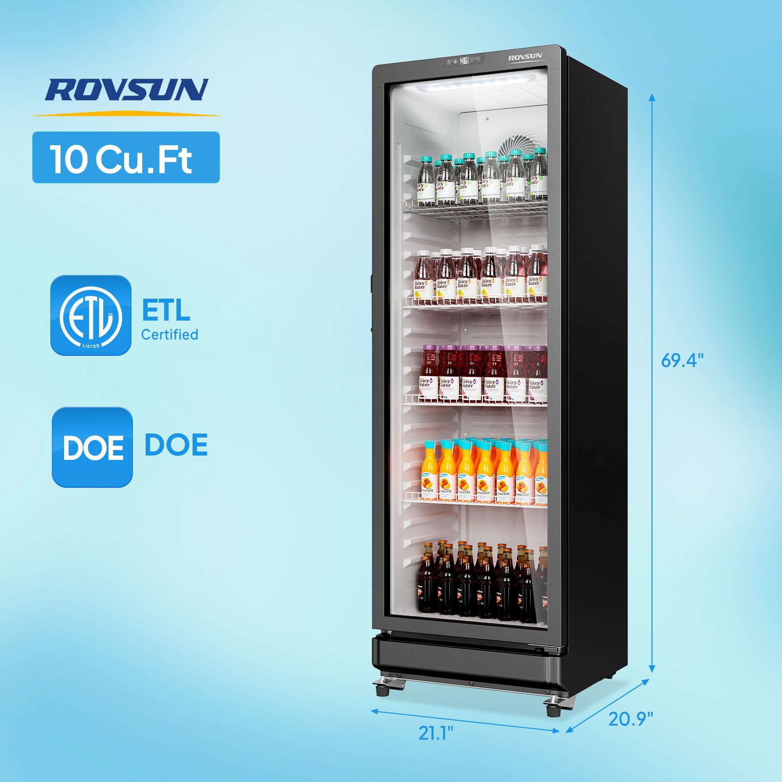 ROVSUN 21" 10 Cu.Ft. Black Glass Door Merchandising Refrigerator