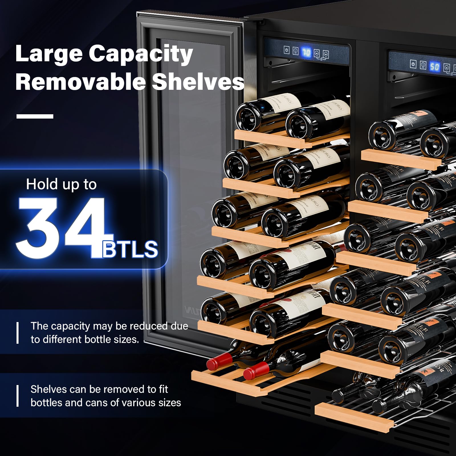 ROVSUN 34-Bottle 24" Wide Dual Zone Wine Cooler Fridge with Digital Temp Control