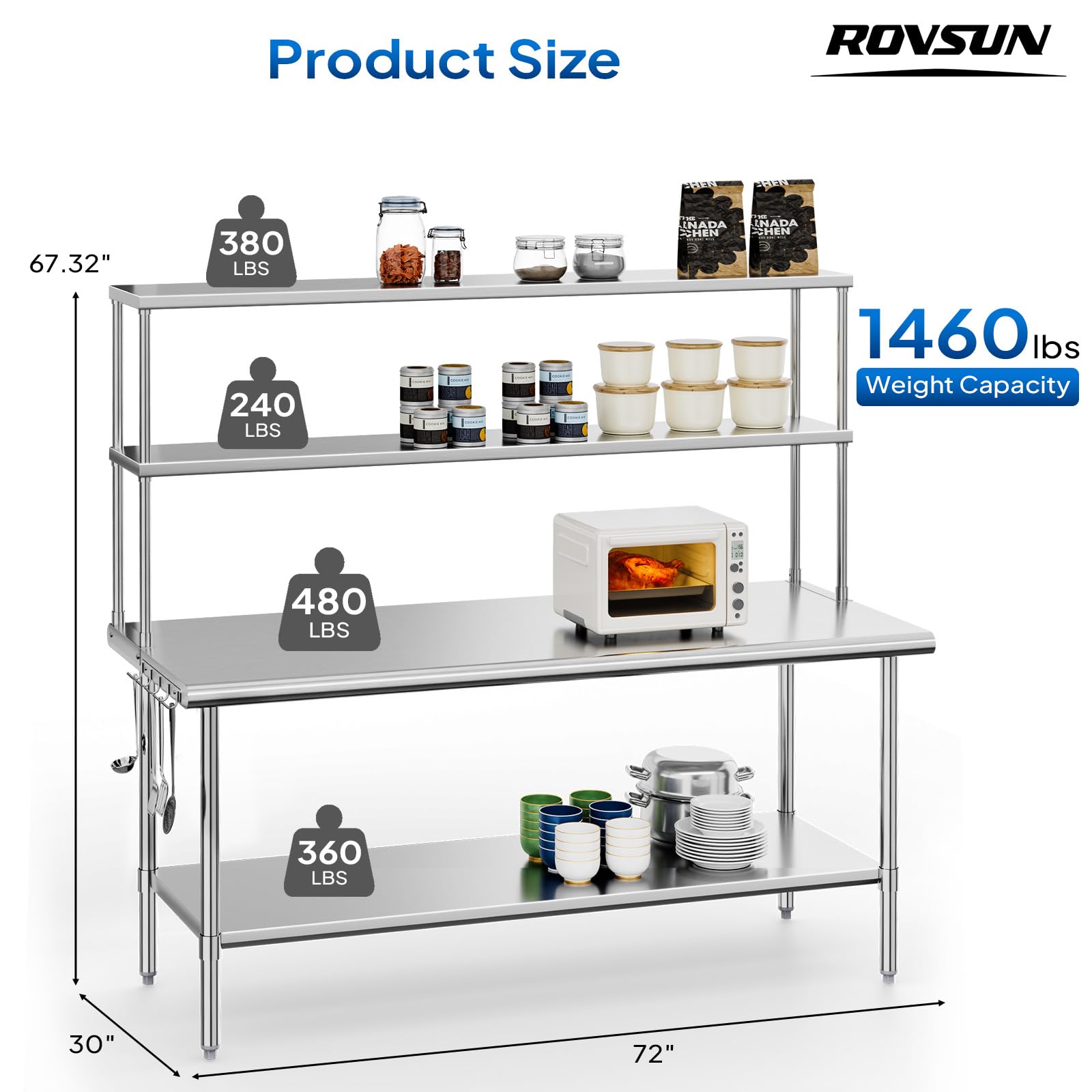 ROVSUN 72" X 30" Stainless Steel Table with Overshelves