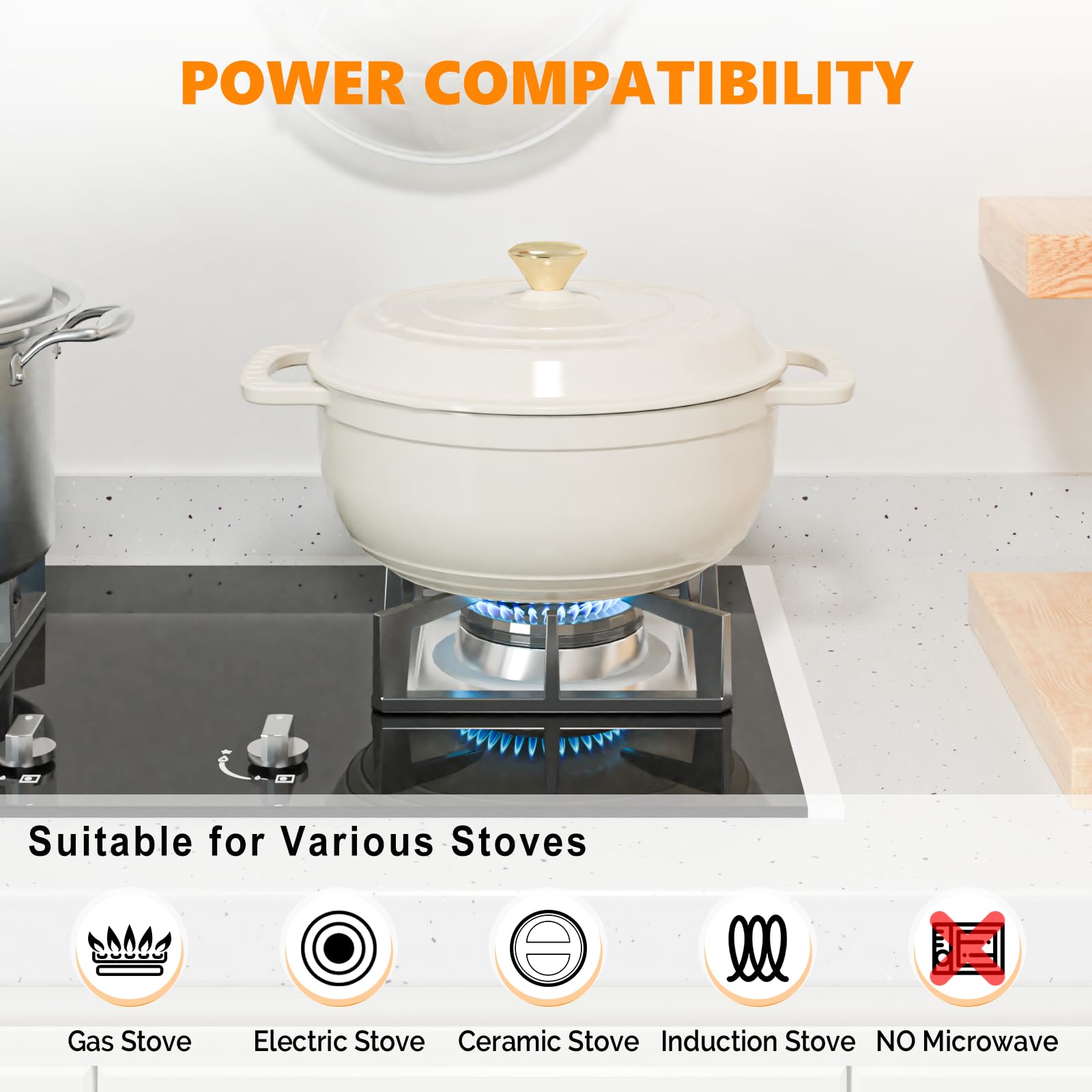 ROVSUN 6 QT Enameled Cast Iron Round Dutch Oven Cream White