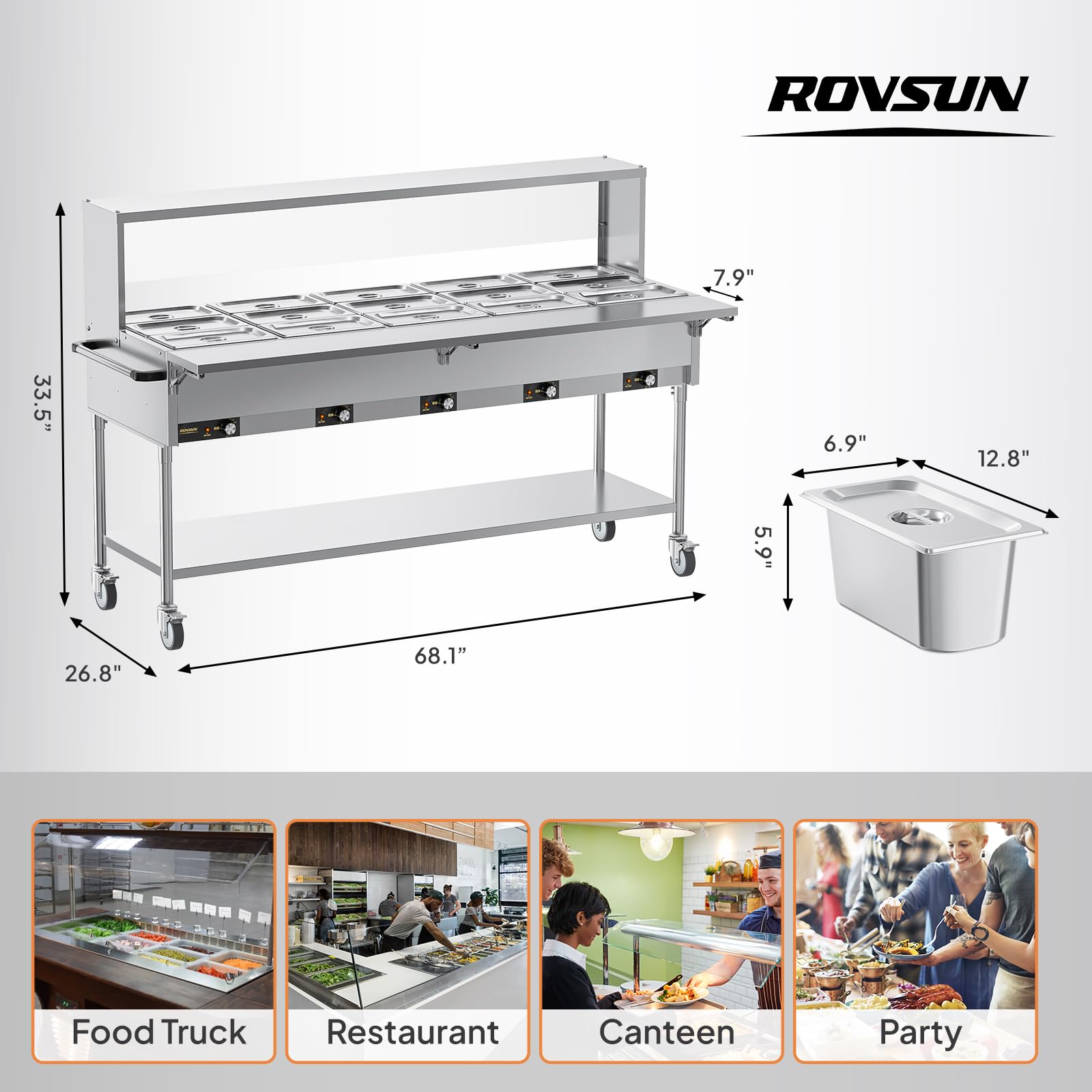 ROVSUN 120 QT 15-Pan Electric Steam Table with Independent Temp Control