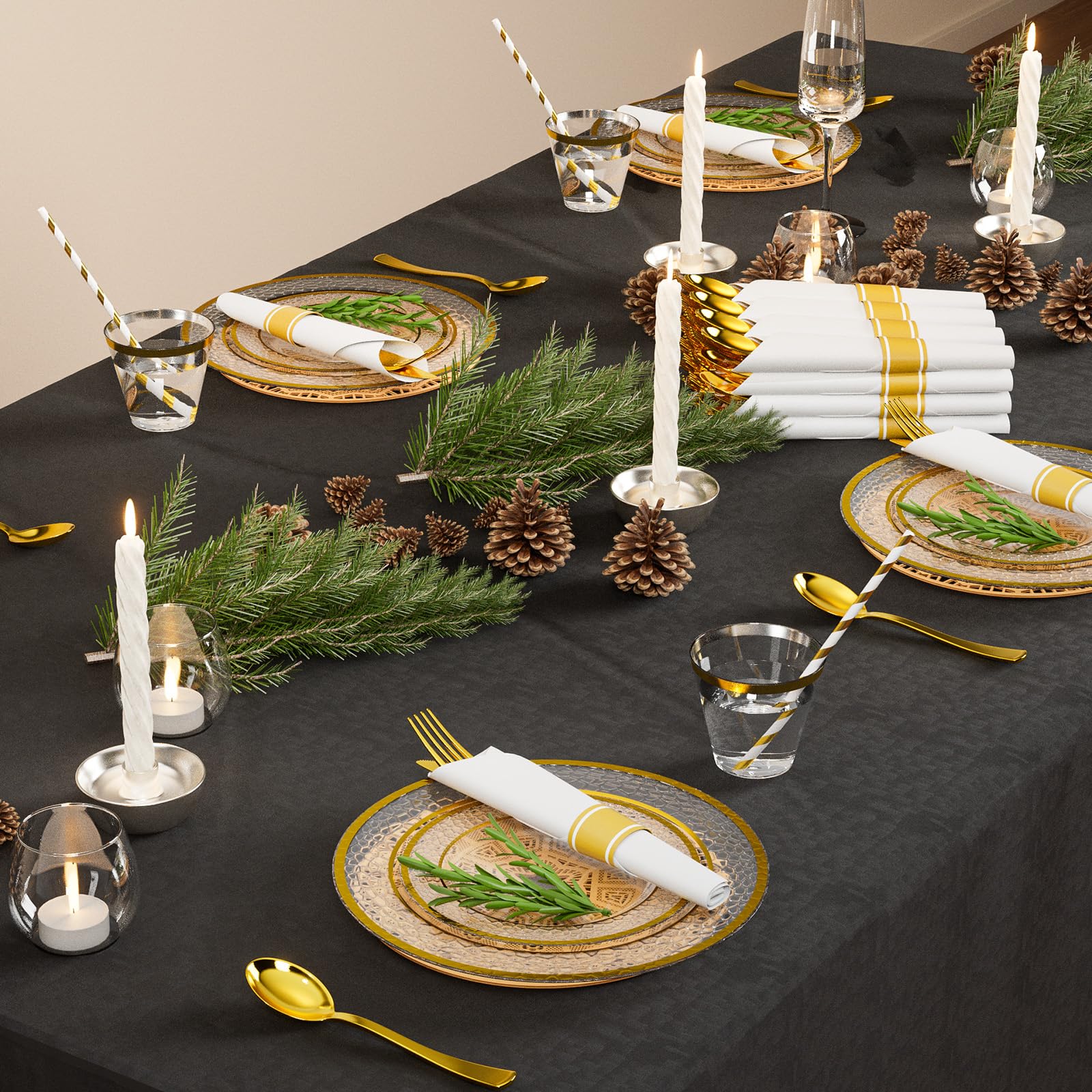 ROVSUN 400 Pieces Pre Rolled Napkins Gold Clear Disposable Plastic Dinnerware Set for 50 Guests