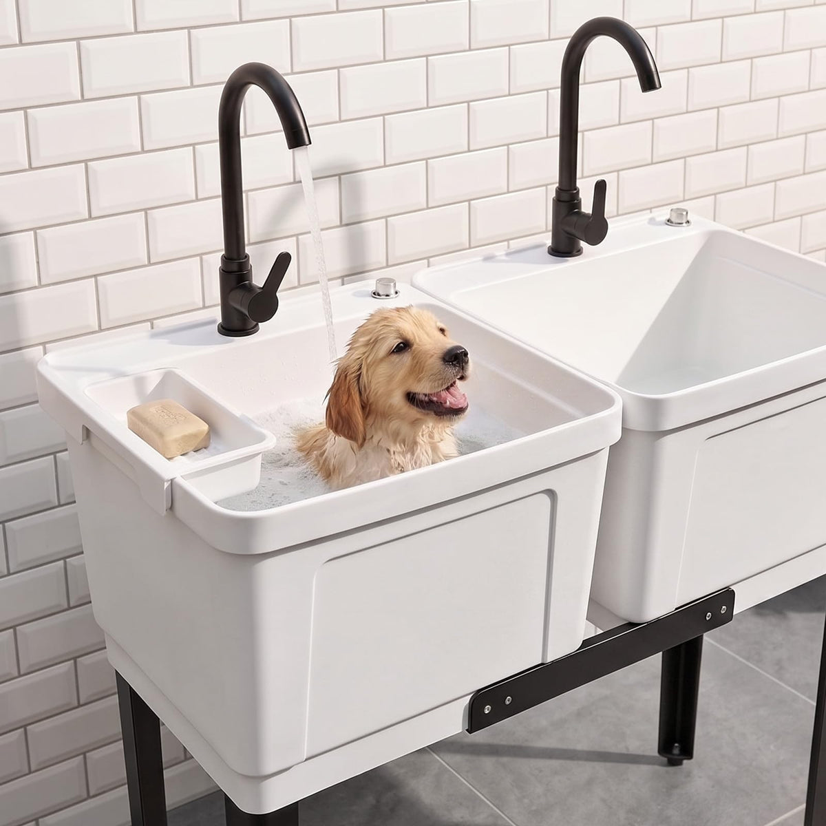 ROVSUN 40" X 19" Double Plastic Laundry Sink with 2 Faucets
