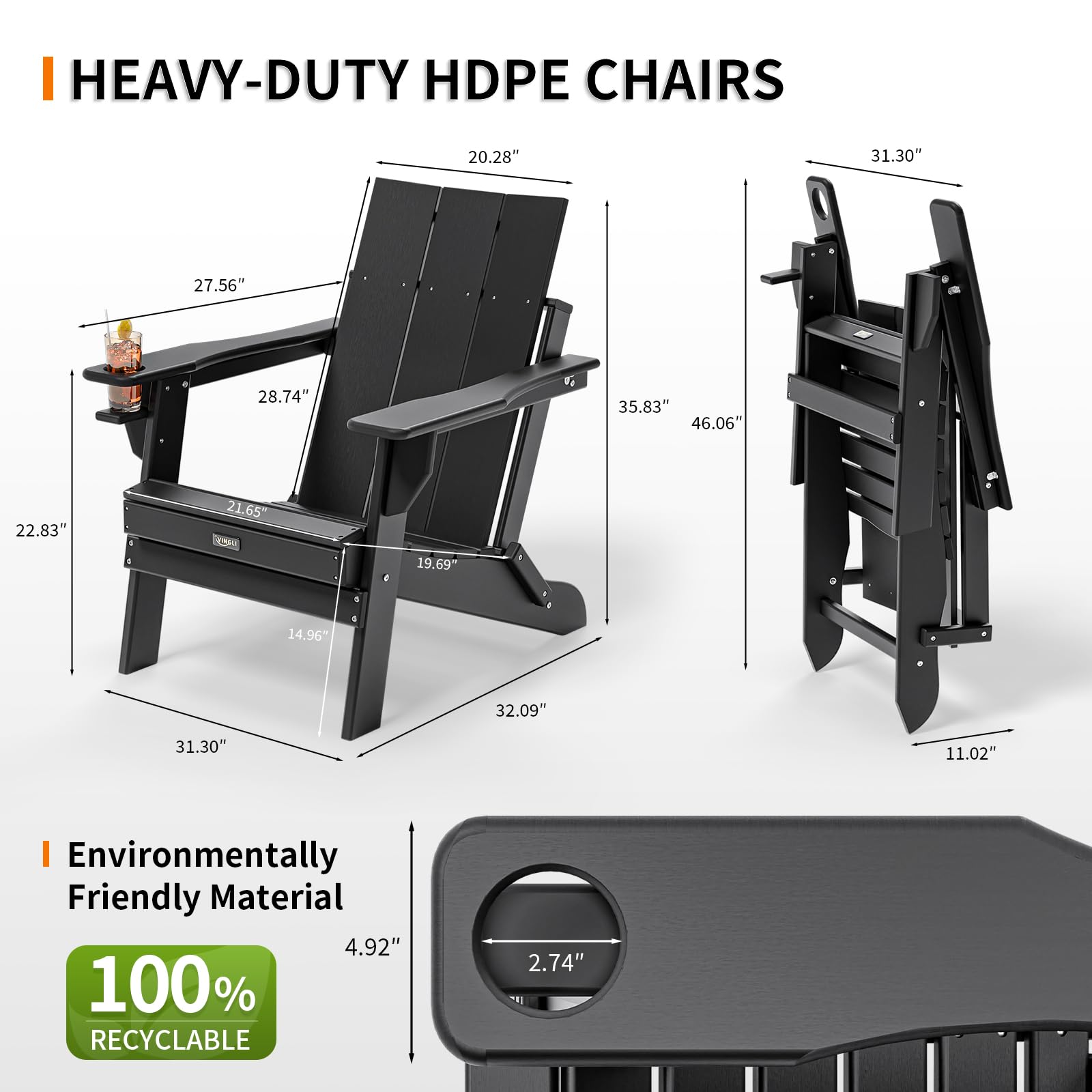 Oversized Plastic Folding HDPE Adirondack Chairs with Cup Holder Black