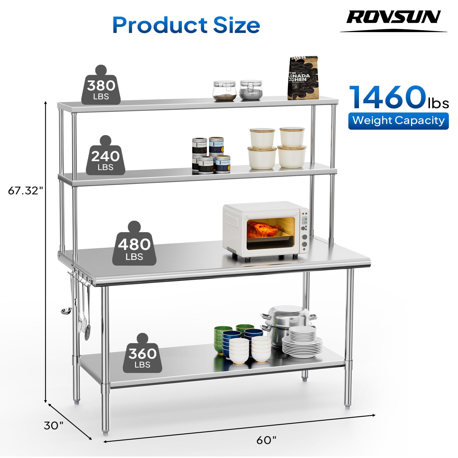 ROVSUN 60" X 30" Stainless Steel Table with Overshelves