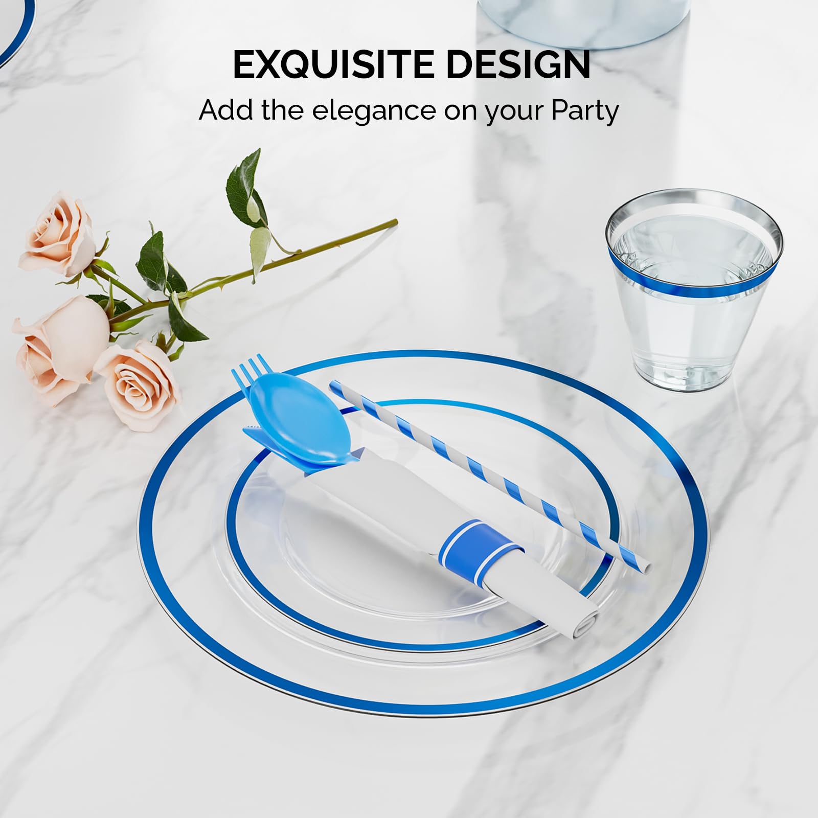 ROVSUN 400 Pieces Pre Rolled Napkins Blue Disposable Plastic Dinnerware Set for 50 Guests