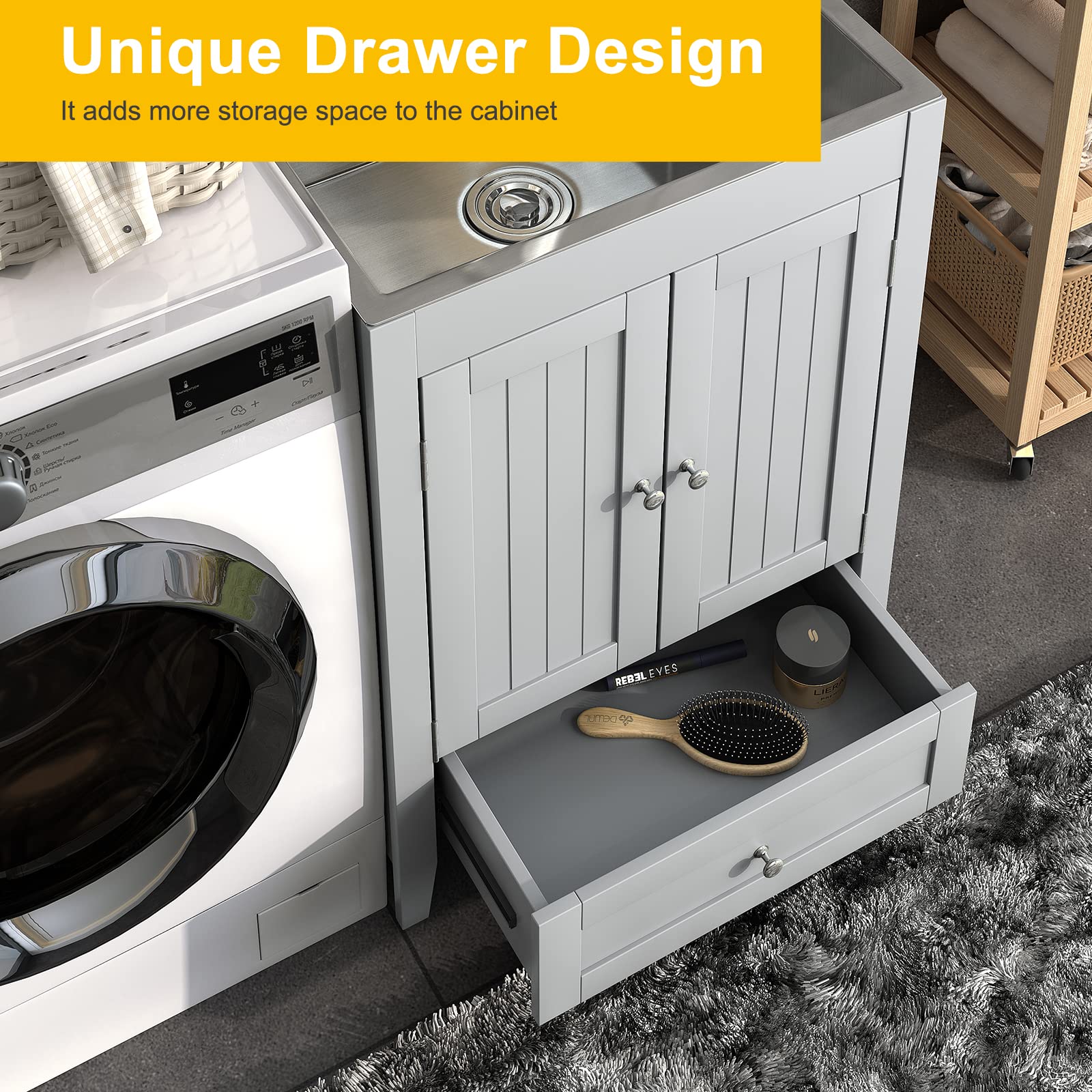 ROVSUN 24" x 20" Utility Sink with Cabinet and Drawer for Kitchen Laundry Room Grey