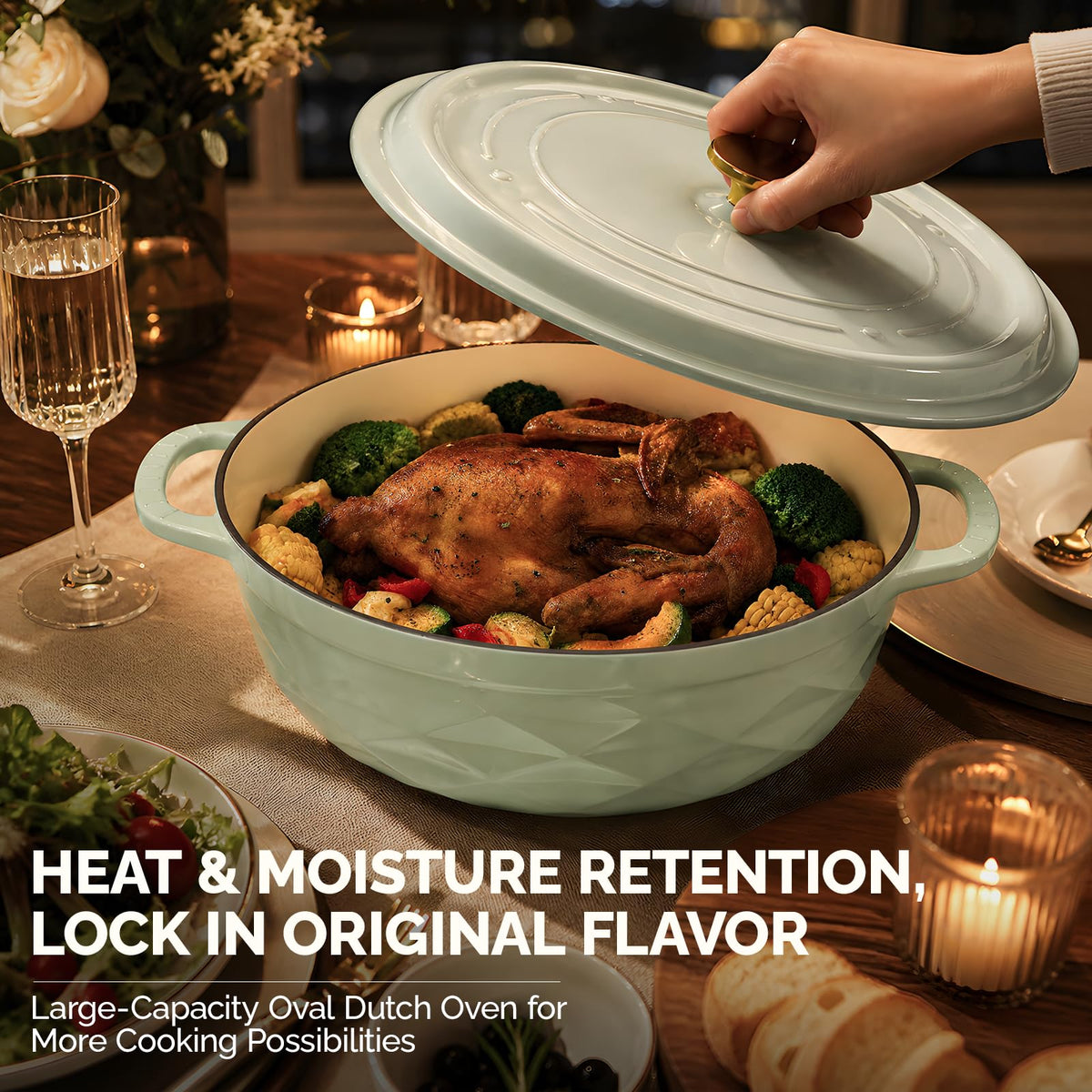 ROVSUN 7.5 QT Oval Enameled Cast Iron Dutch Oven Pot Green