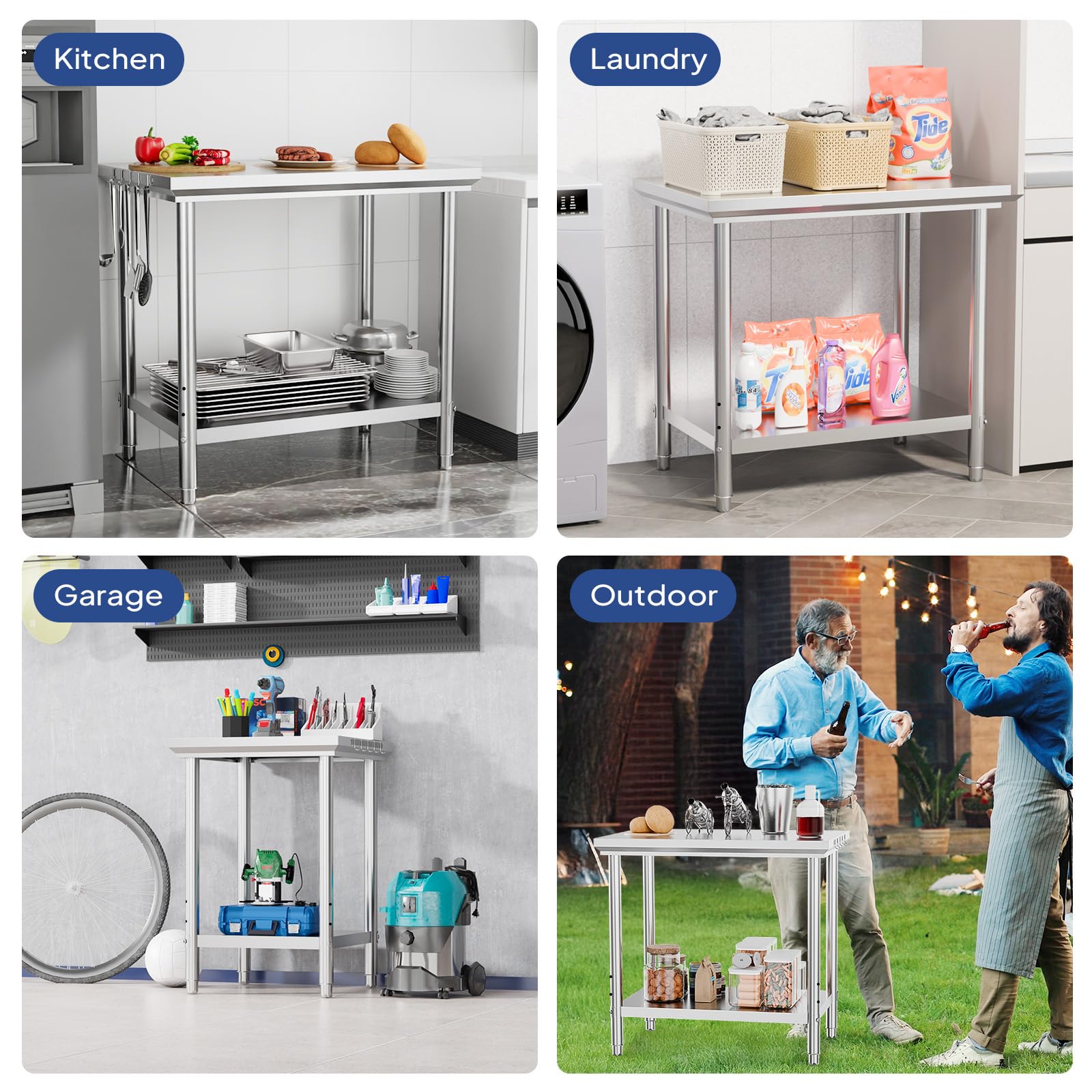 ROVSUN 36" x 24" Stainless Steel Table with Hooks & Undershelf