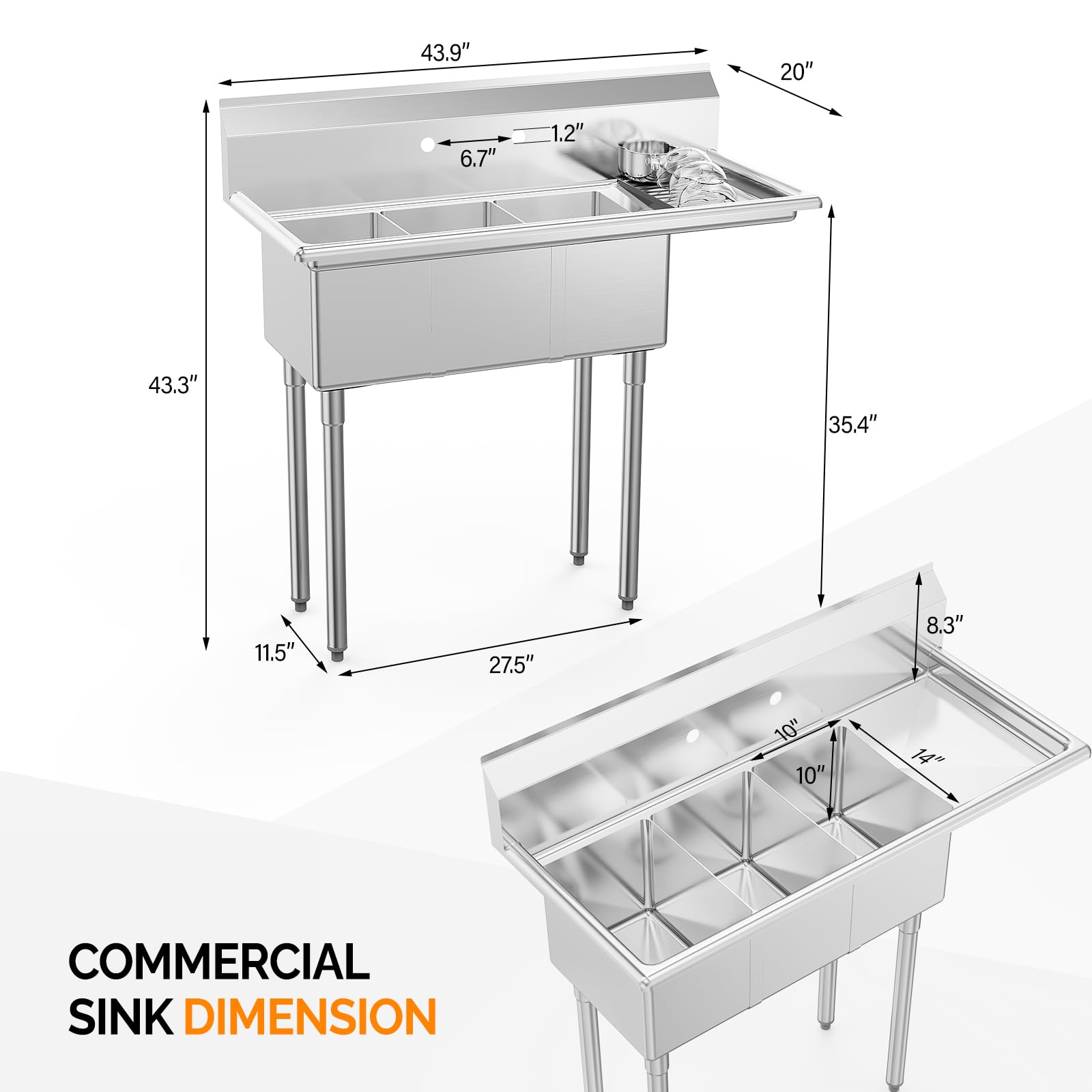 ROVSUN 44" x 20" 3 Compartment 304 Stainless Steel Sink with Right Side Drainboard