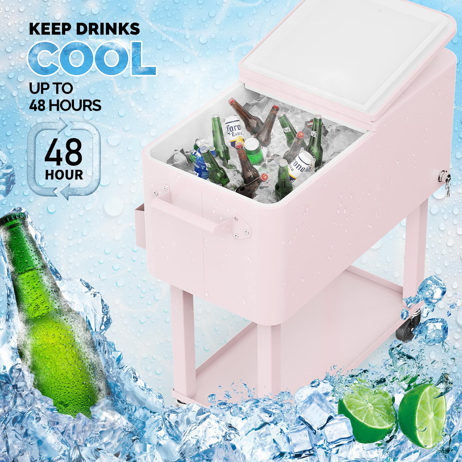 80 Quart Portable Outdoor Patio Rolling Cooler Cart Pink