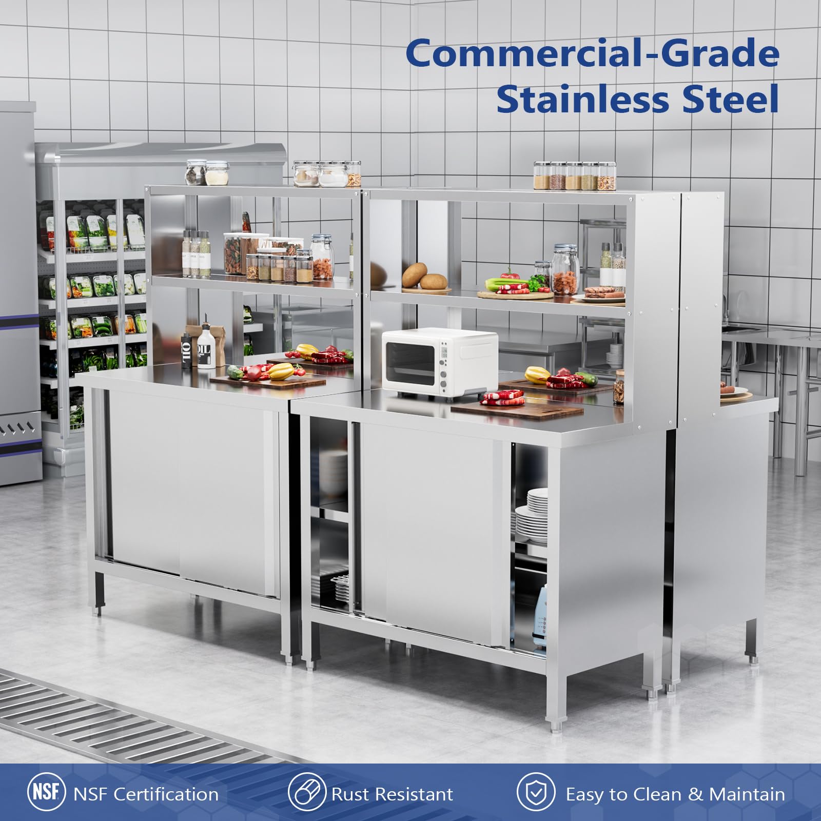 ROVSUN 39" x 19" Stainless Steel Table with Cabinet & Overshelves