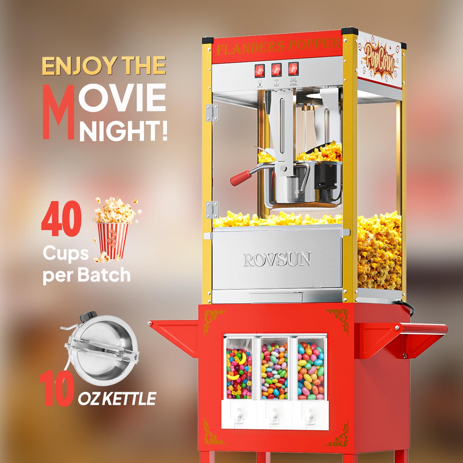 ROVSUN 10 oz Red Popcorn Machine with Cart & Candy Dispenser