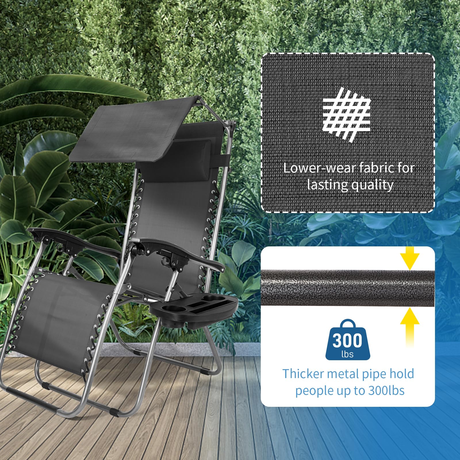 Outdoor Folding Zero Gravity Lounge Chair with Canopy Black