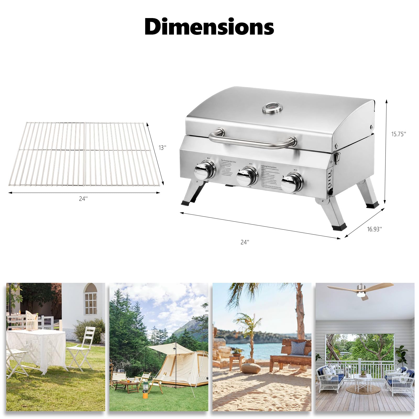 ROVSUN 3-Burner 30000 BTU Portable Propane Grill Tabletop with Igniter