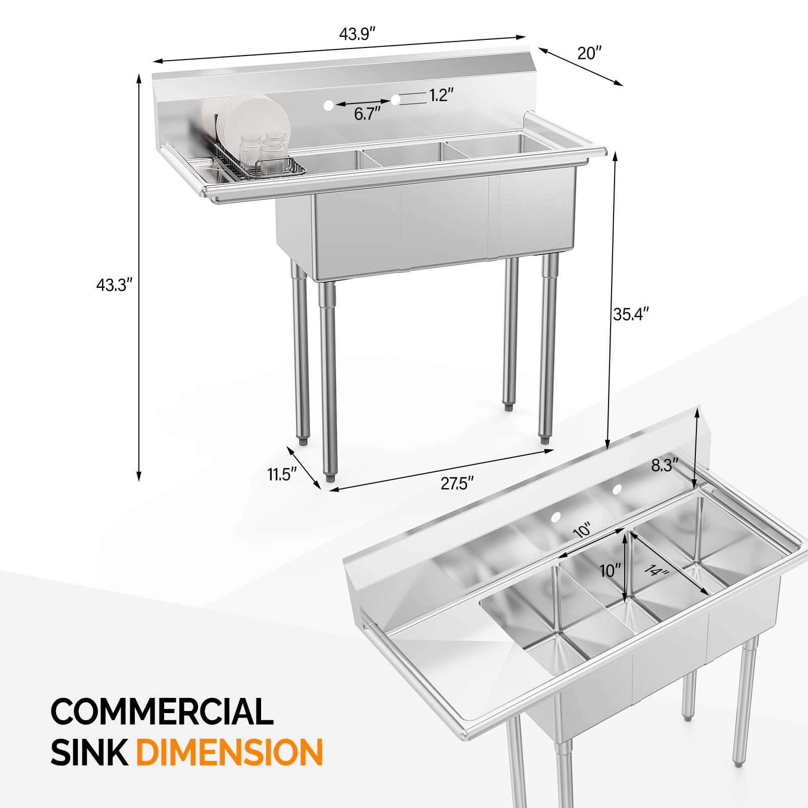 ROVSUN 44" x 20" 3 Compartment 304 Stainless Steel Sink with Left Side Drainboard