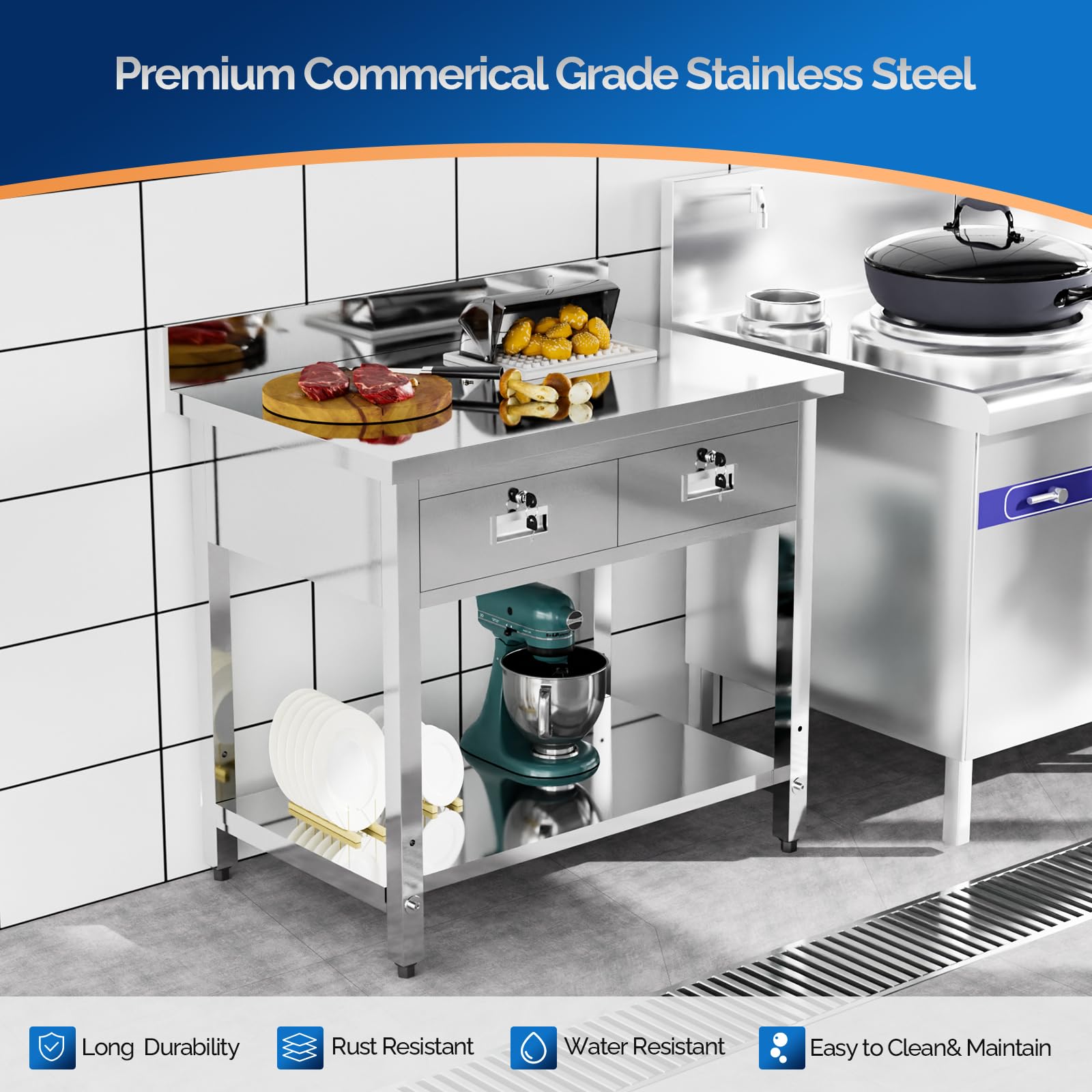 ROVSUN 36" x 24" Stainless Steel Kitchen Work Table with 2 Drawers