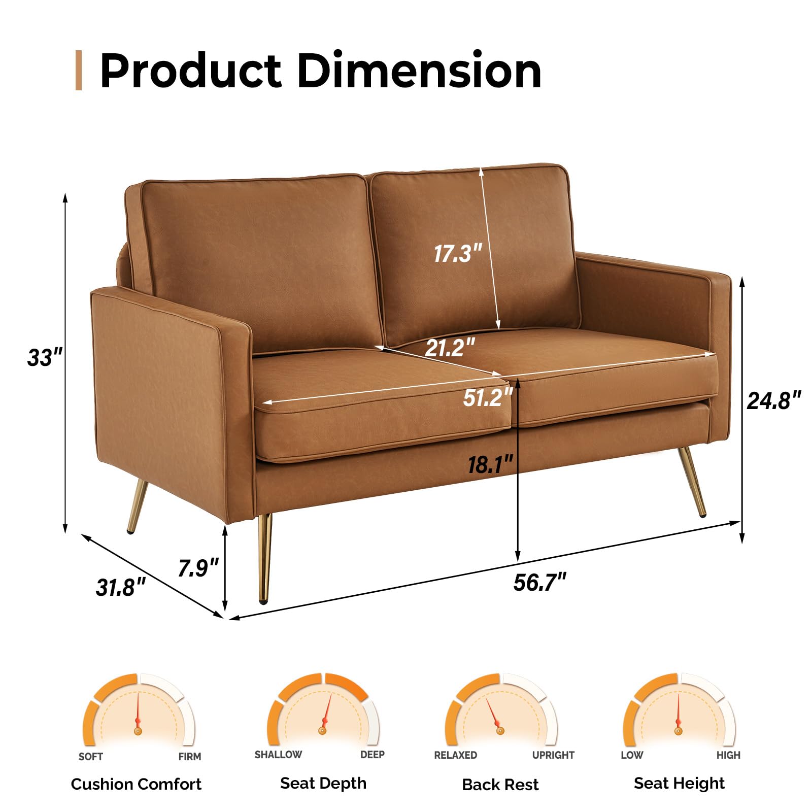 56" 2 Seater Waiting Sofa with Deep Seat PU Leather Cognac