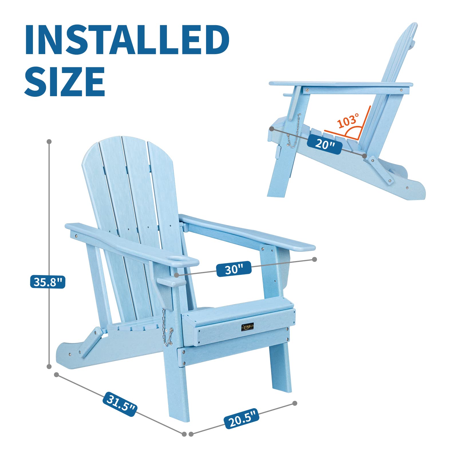 Plastic Folding HDPE Adirondack Chair with Cup Holder Blue
