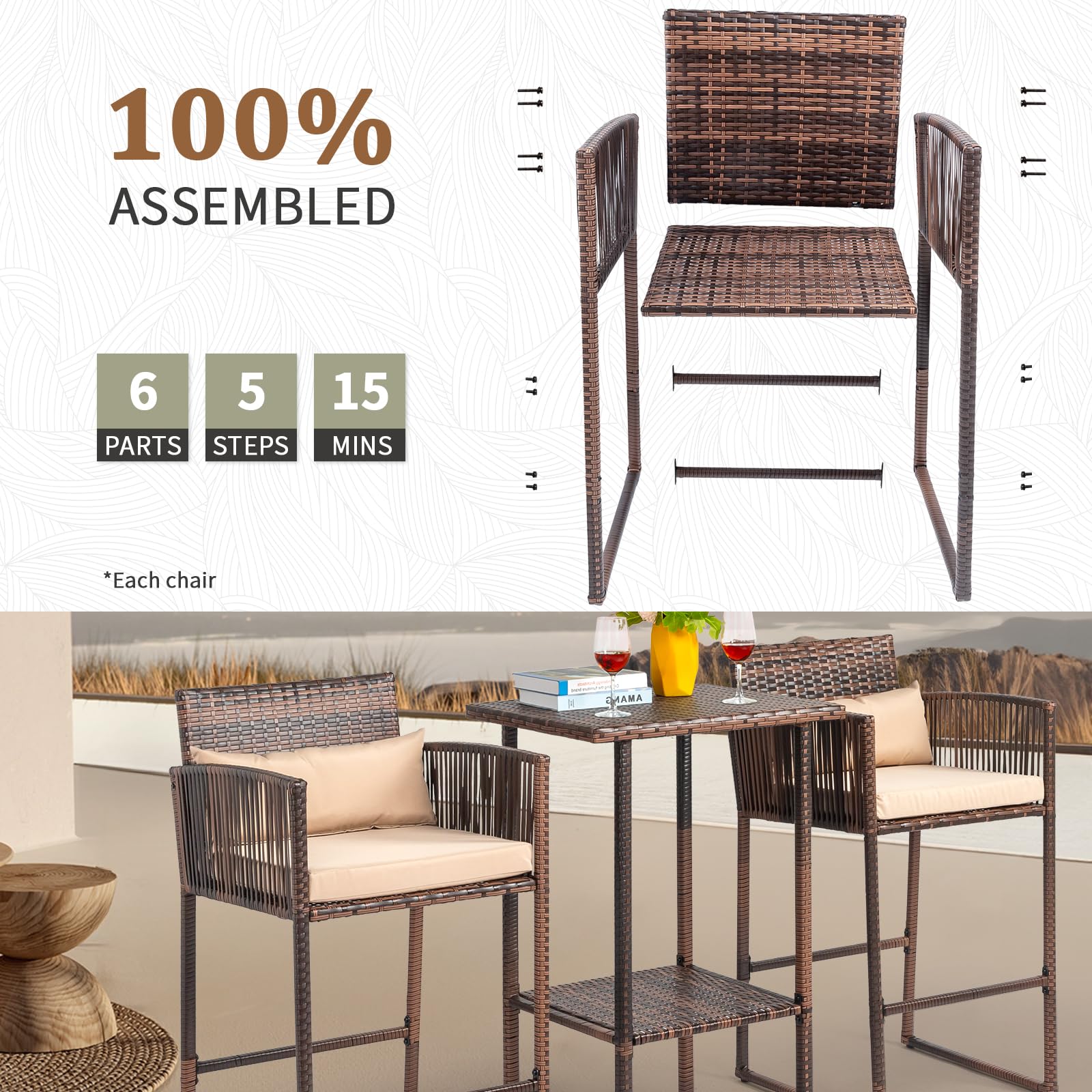 Outdoor Wicker Bar Stools and Table with Storage Shelf