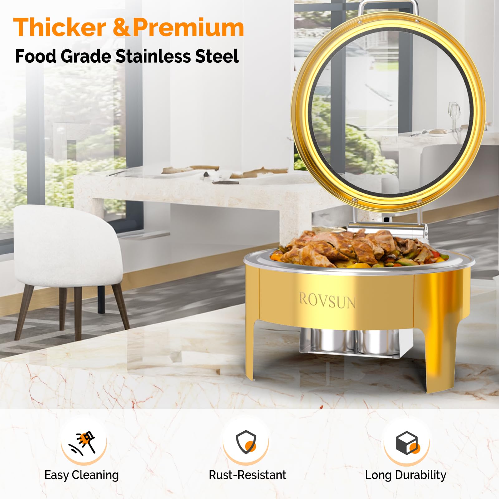 ROVSUN 6 QT Round Gold Chafing Dish Buffet Set with Serving Tong