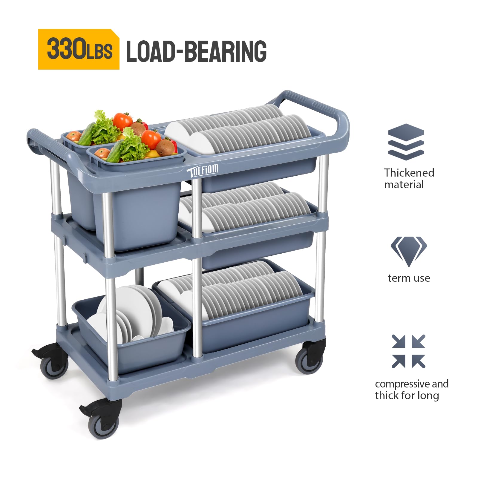 3-Tier 41" x 18" 330 lb. Capacity Plastic Utility Cart/Bussing Cart Grey