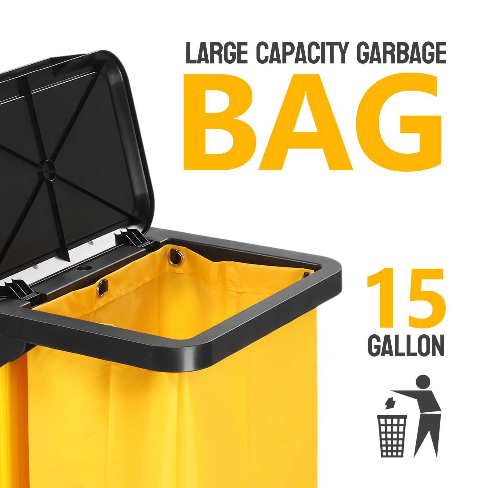 3-Tier 500 LBS Capacity Janitorial Cart with Locker & 15 Gallon Bag Black