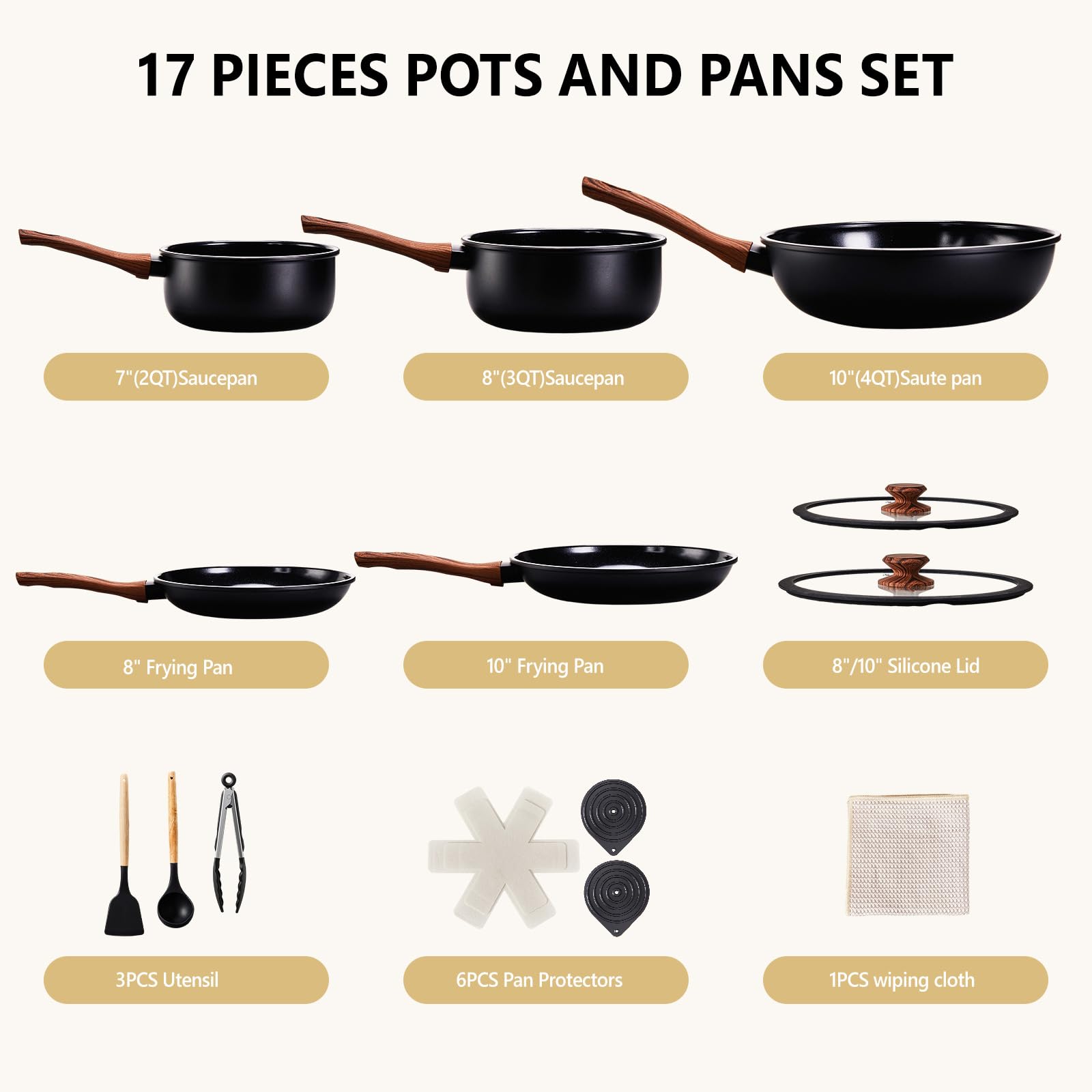 ROVSUN 17 Pcs Nonstick Pots and Pans Set Black