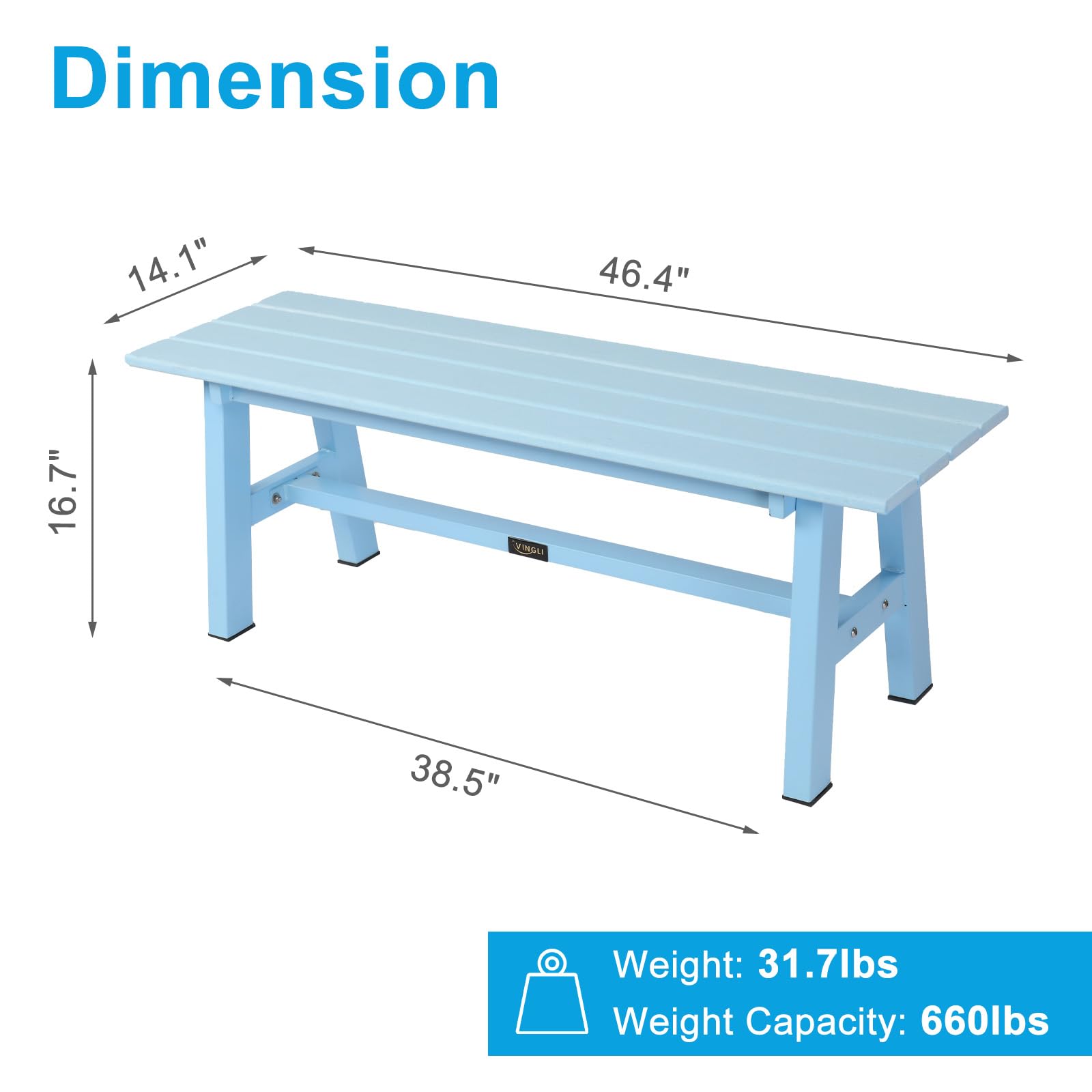47" HDPE Outdoor Bench with Metal Legs Blue