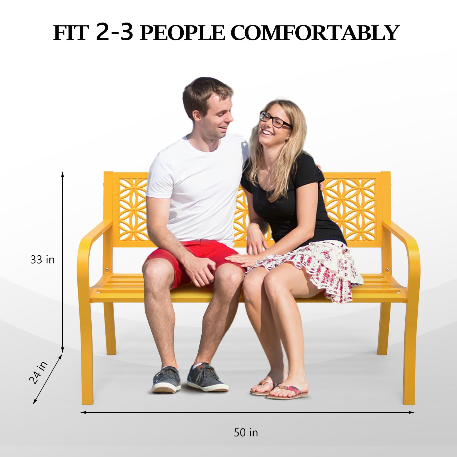 50" Outdoor Bench Metal with Floral Back Yellow