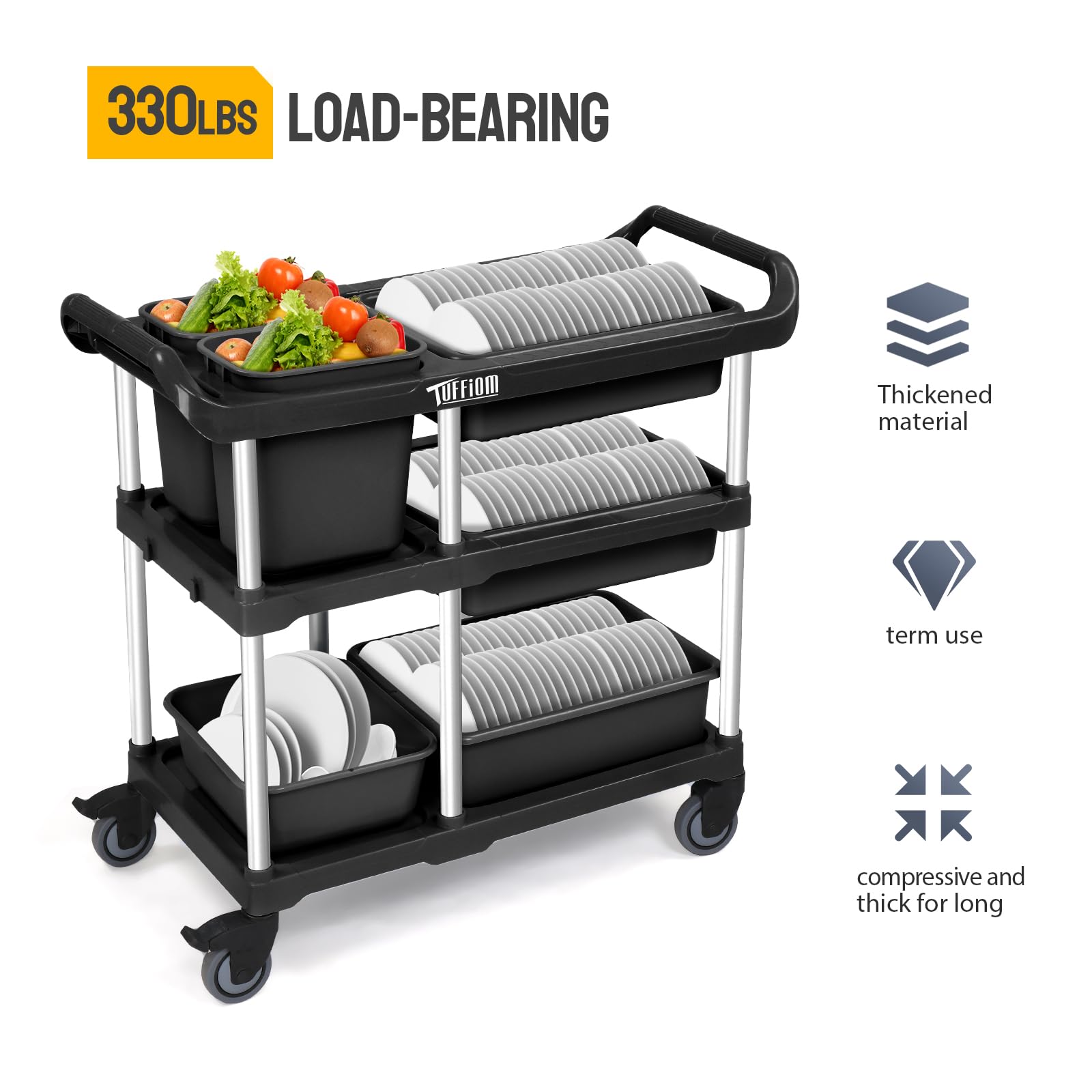 3-Tier 41" x 18" 330 lb. Capacity Plastic Utility Cart/Bussing Cart Black