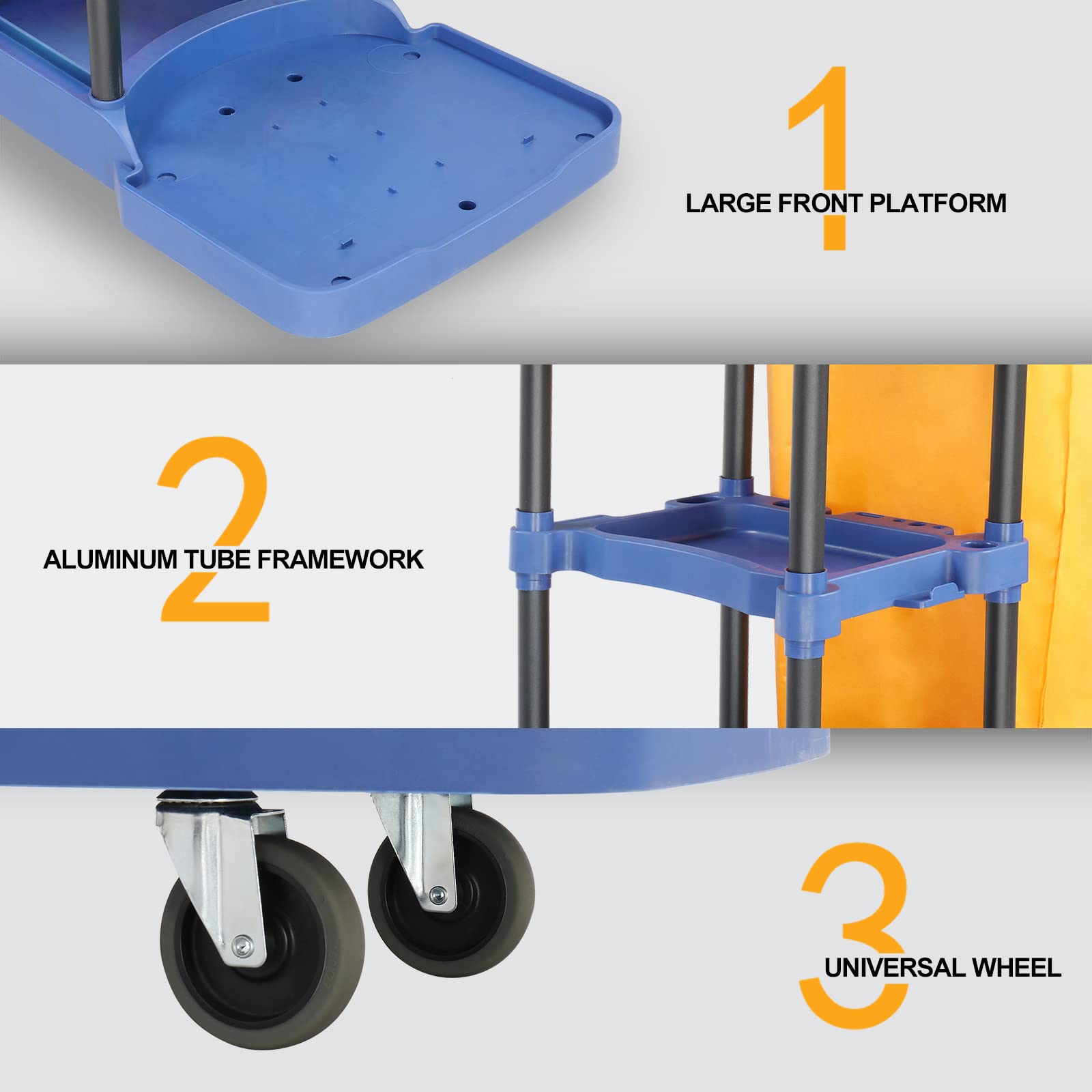 3-Tier 500 LBS Capacity Janitorial Cart with 22 Gallon Bag Blue