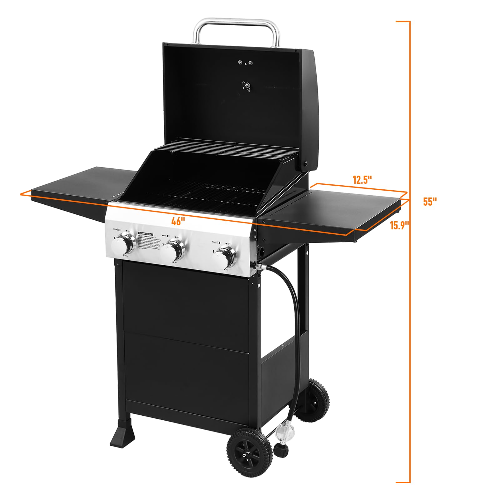 ROVSUN 3-Burner 36,000 BTU Propane Grill with Foldable Side Tables & Wheels