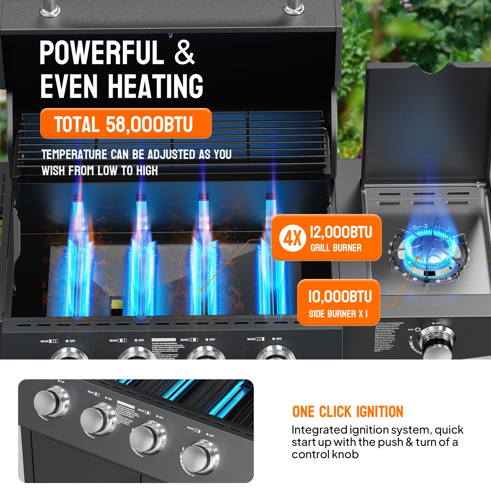 ROVSUN 4-Burner 58,000 BTU Propane Grill with Side Burner & Rolling Wheels