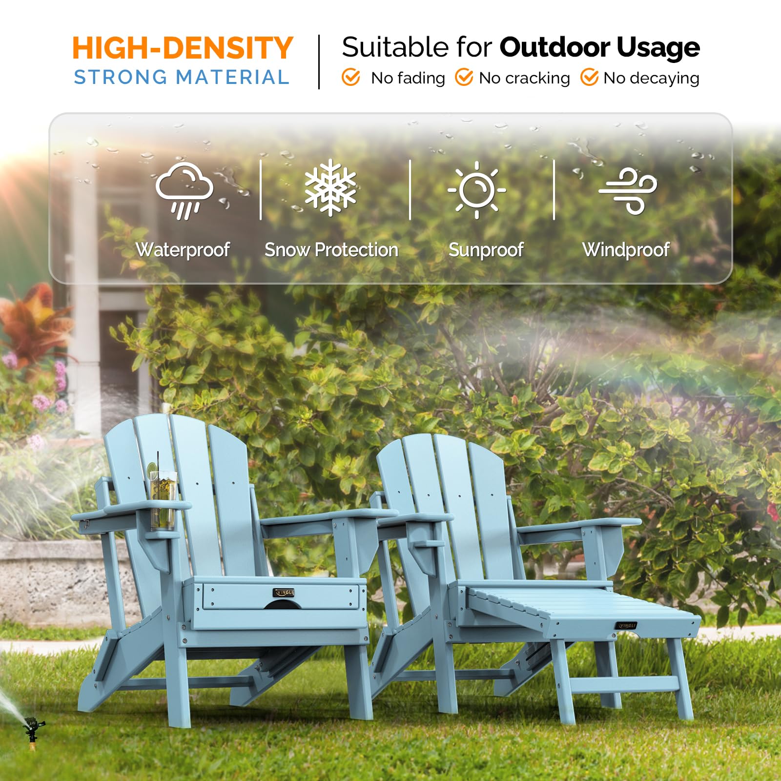 Plastic Folding HDPE Adirondack Chair with Ottoman Blue