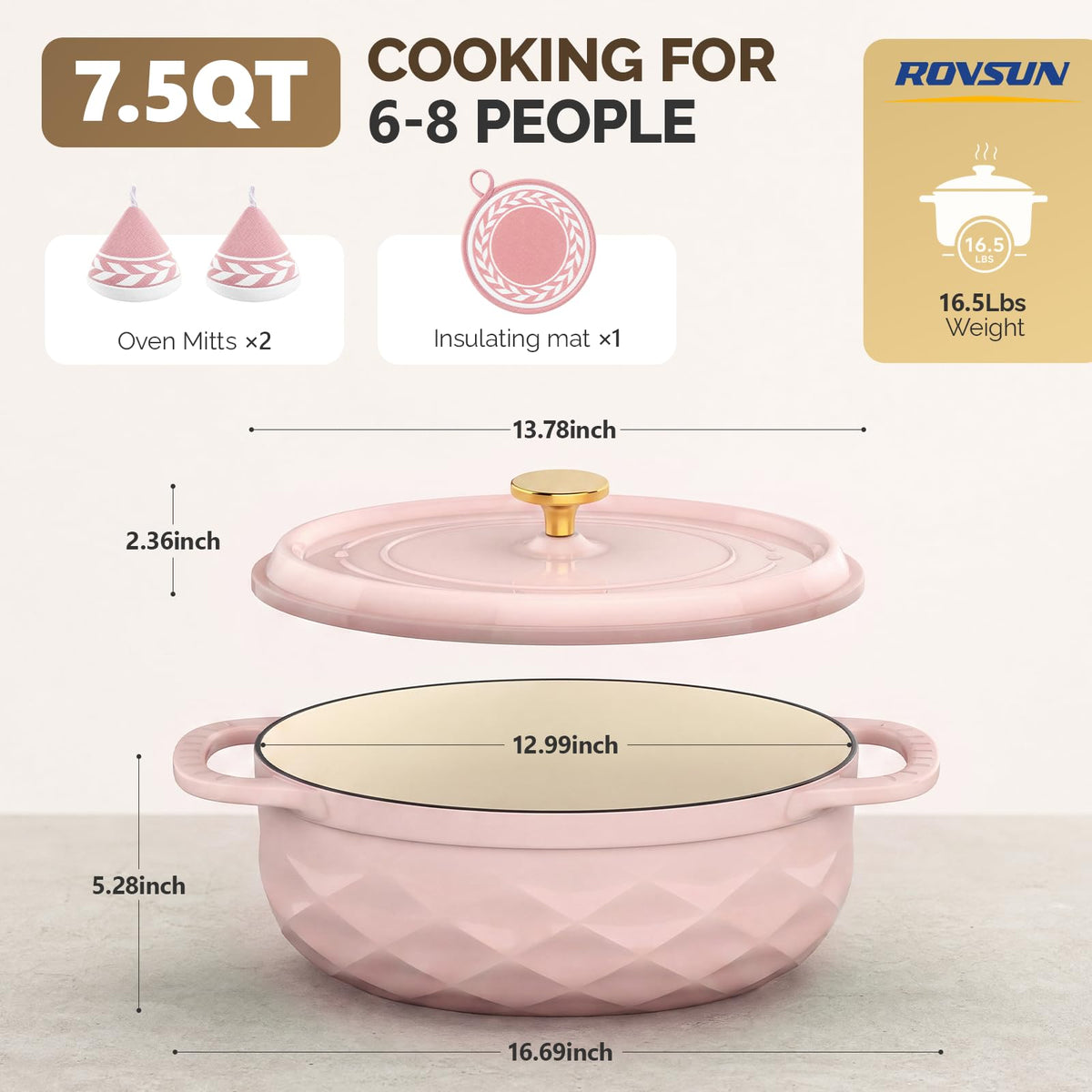 ROVSUN 7.5 QT Oval Enameled Cast Iron Dutch Oven Pot Pink
