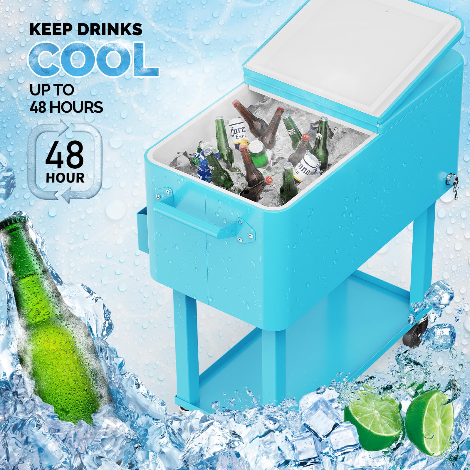 80 Quart Portable Outdoor Patio Rolling Cooler Cart Light Blue