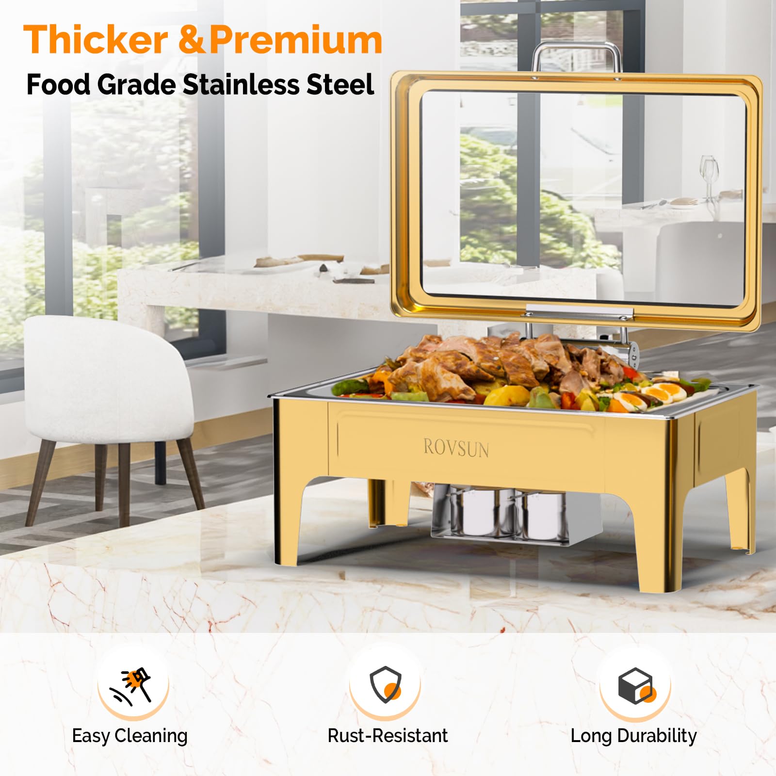 ROVSUN 9 QT Rectangle Gold Chafing Dish Buffet Set with Serving Tong