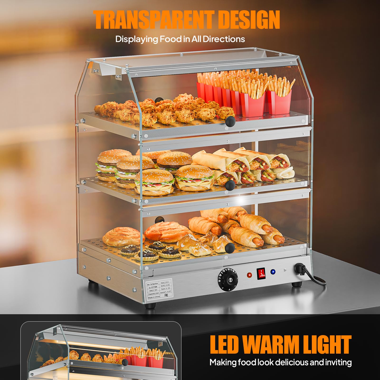 ROVSUN 3-Tier 14 Inch Pizza Warmer Countertop with LED Lighting