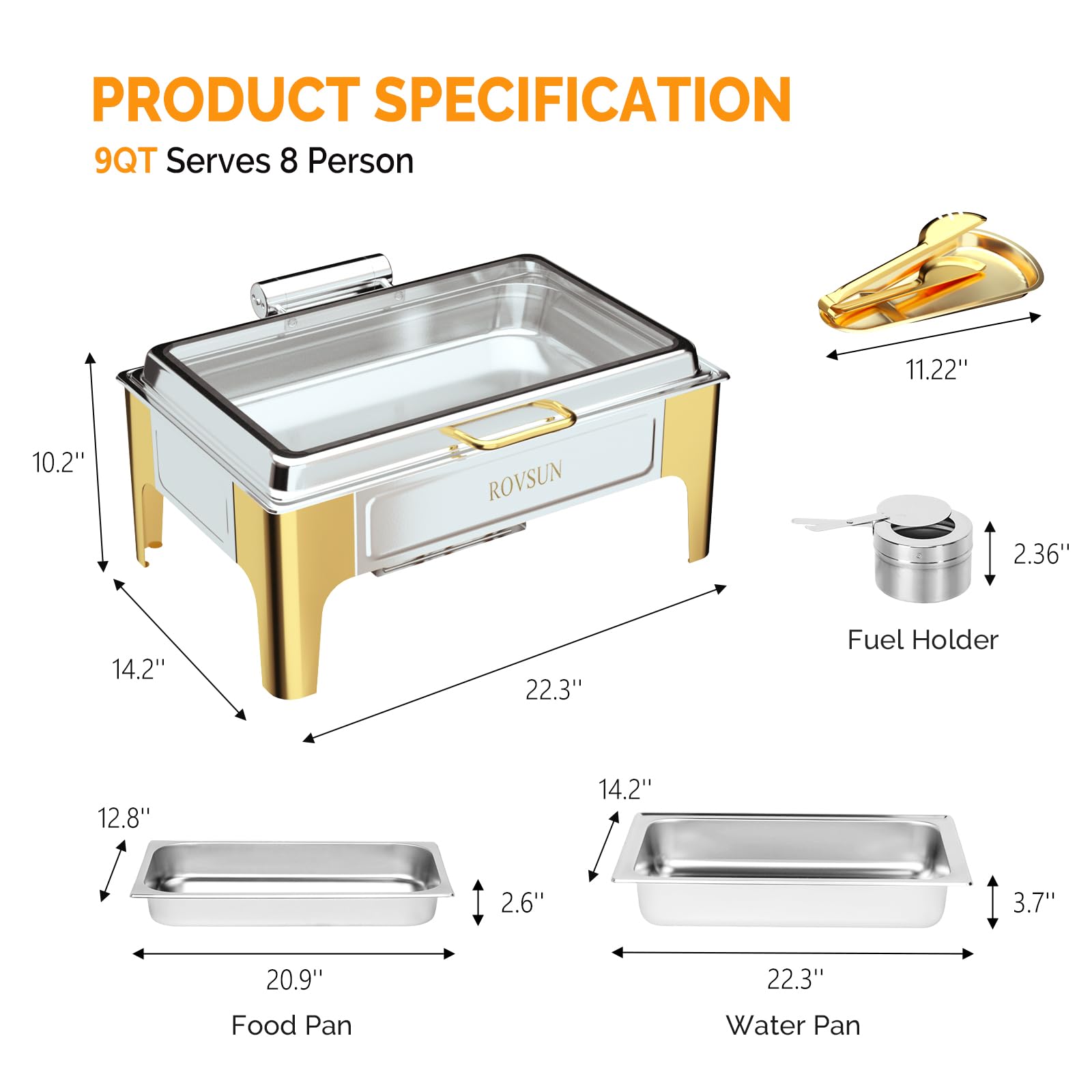ROVSUN 9 QT Rectangular Silver-Gold Chafing Dish Buffet Set with Serving Tong