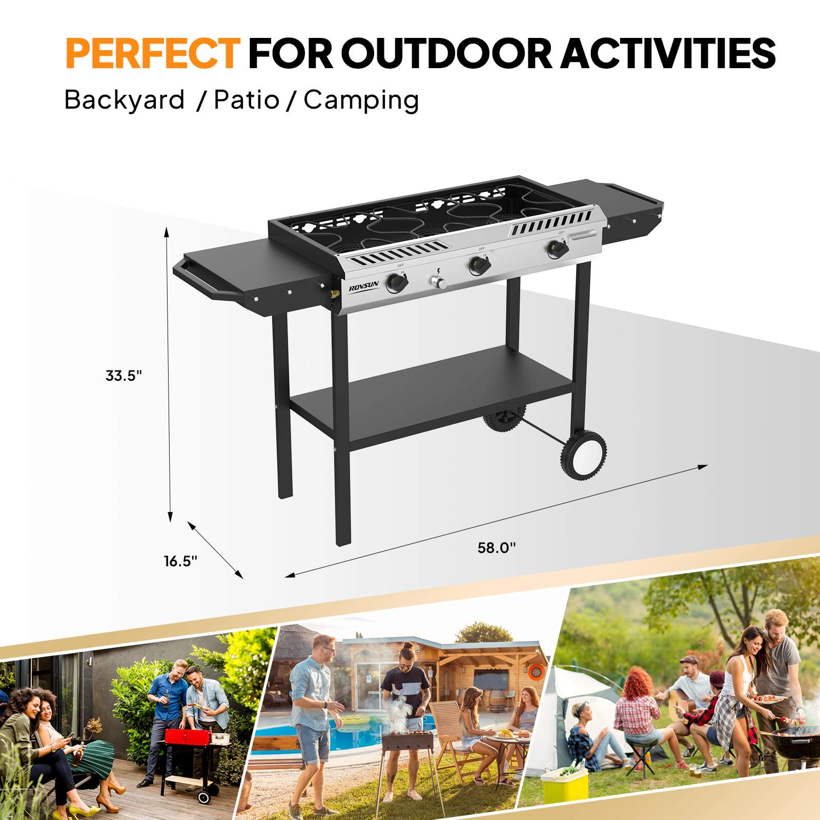 ROVSUN 3-Burner 225,000 BTU Outdoor Camping Propane Stove with Wheels & Side Shelves